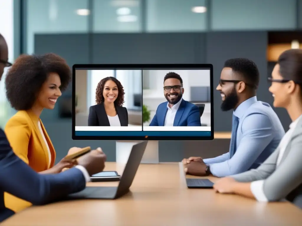 Reunión profesional en videoconferencia móvil Profesionales diversos en videoconferencia móvil con la mejor herramienta