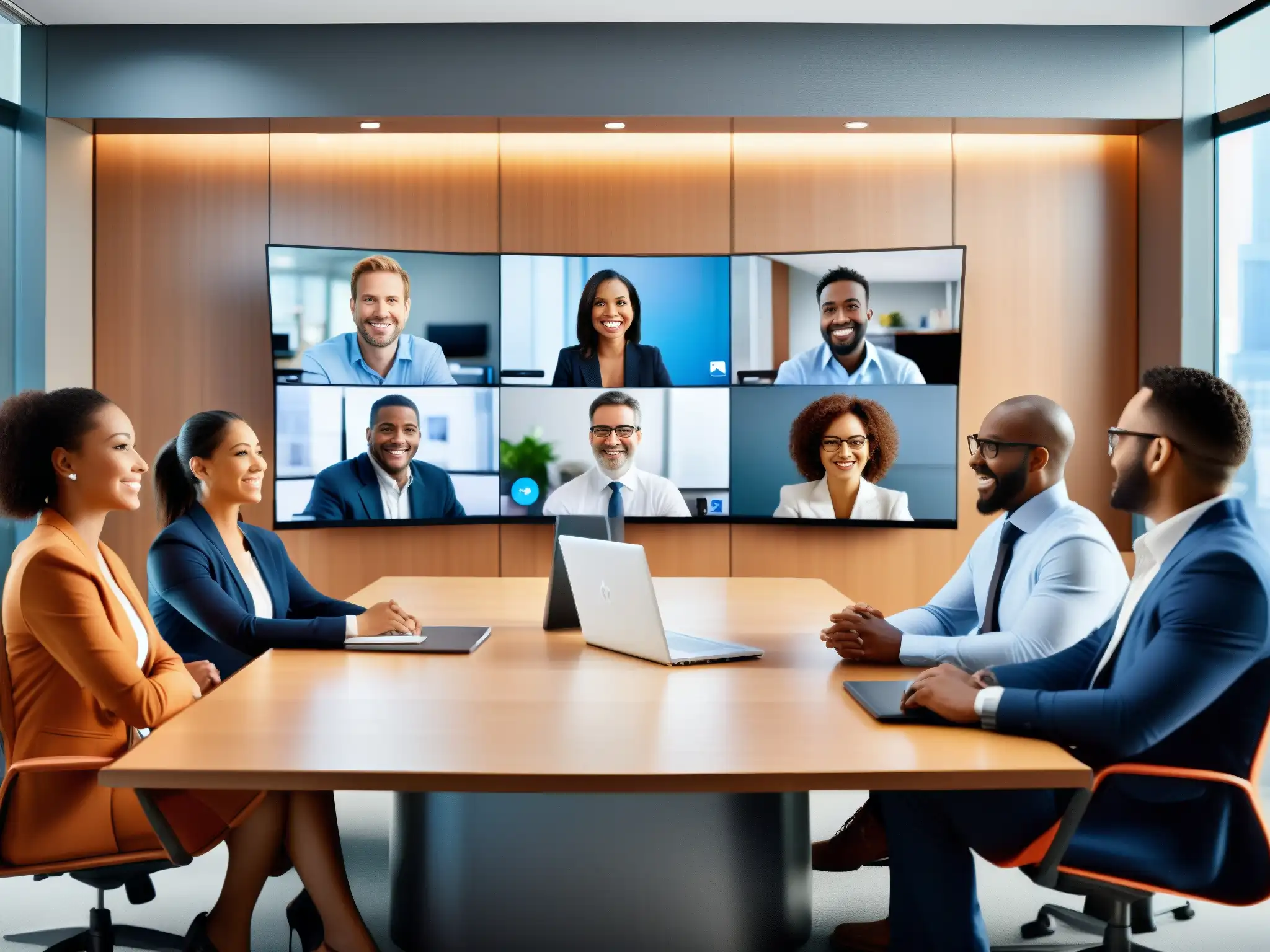 Videoconferencia de profesionales: expresiones nítidas en alta definición Profesionales diversos en videoconferencia con las mejores interfaces videoconferencia usuario