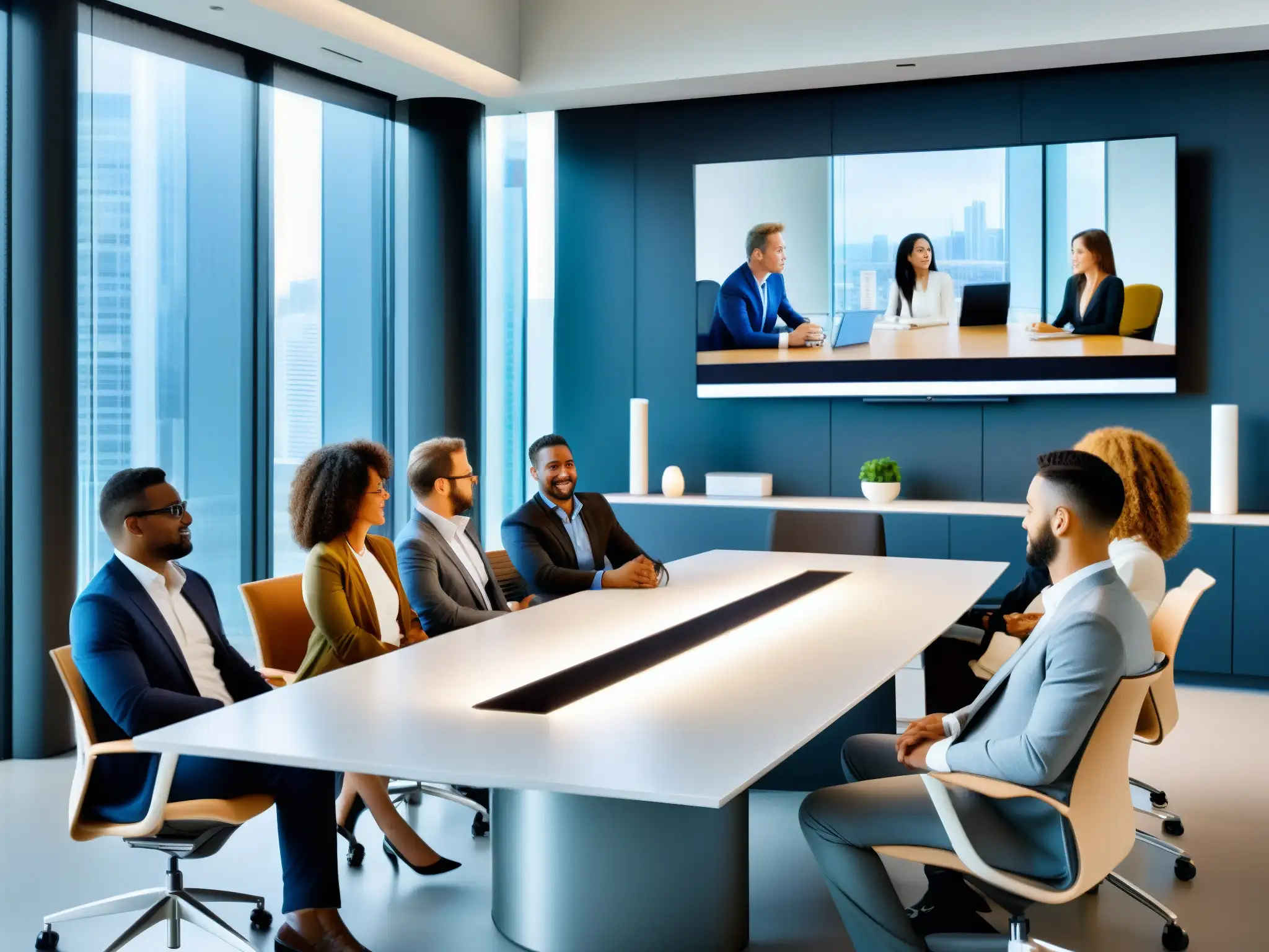 Videoconferencia profesional y colaborativa en sala moderna Profesionales diversos en videoconferencia con las mejores herramientas para equipos remotos, en un ambiente profesional y colaborativo