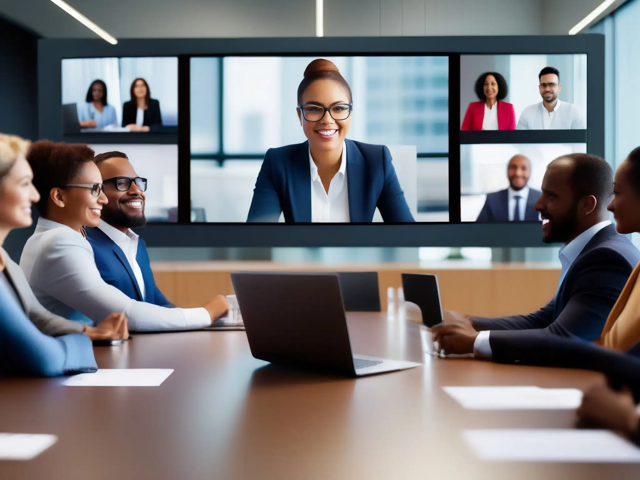 Videoconferencia profesional: colaboración efectiva Profesionales diversos en videoconferencia, colaborando con moderna tecnología