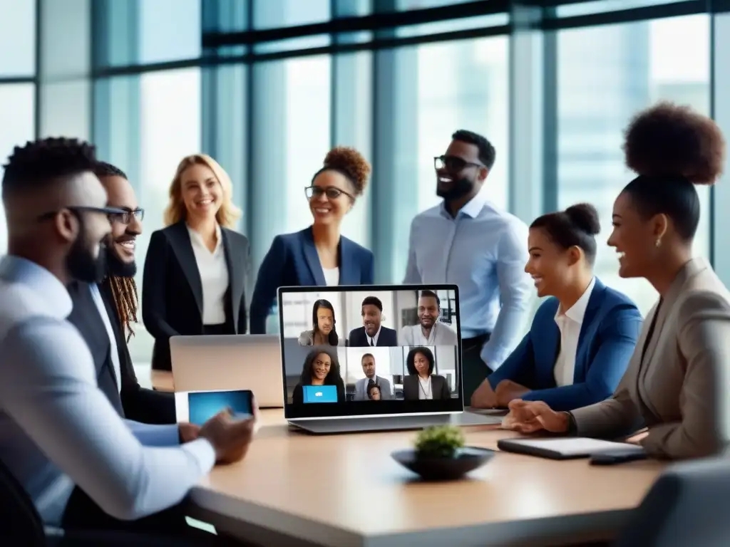 Profesionales diversos en videoconferencia móvil, mostrando foco y colaboración en moderna oficina