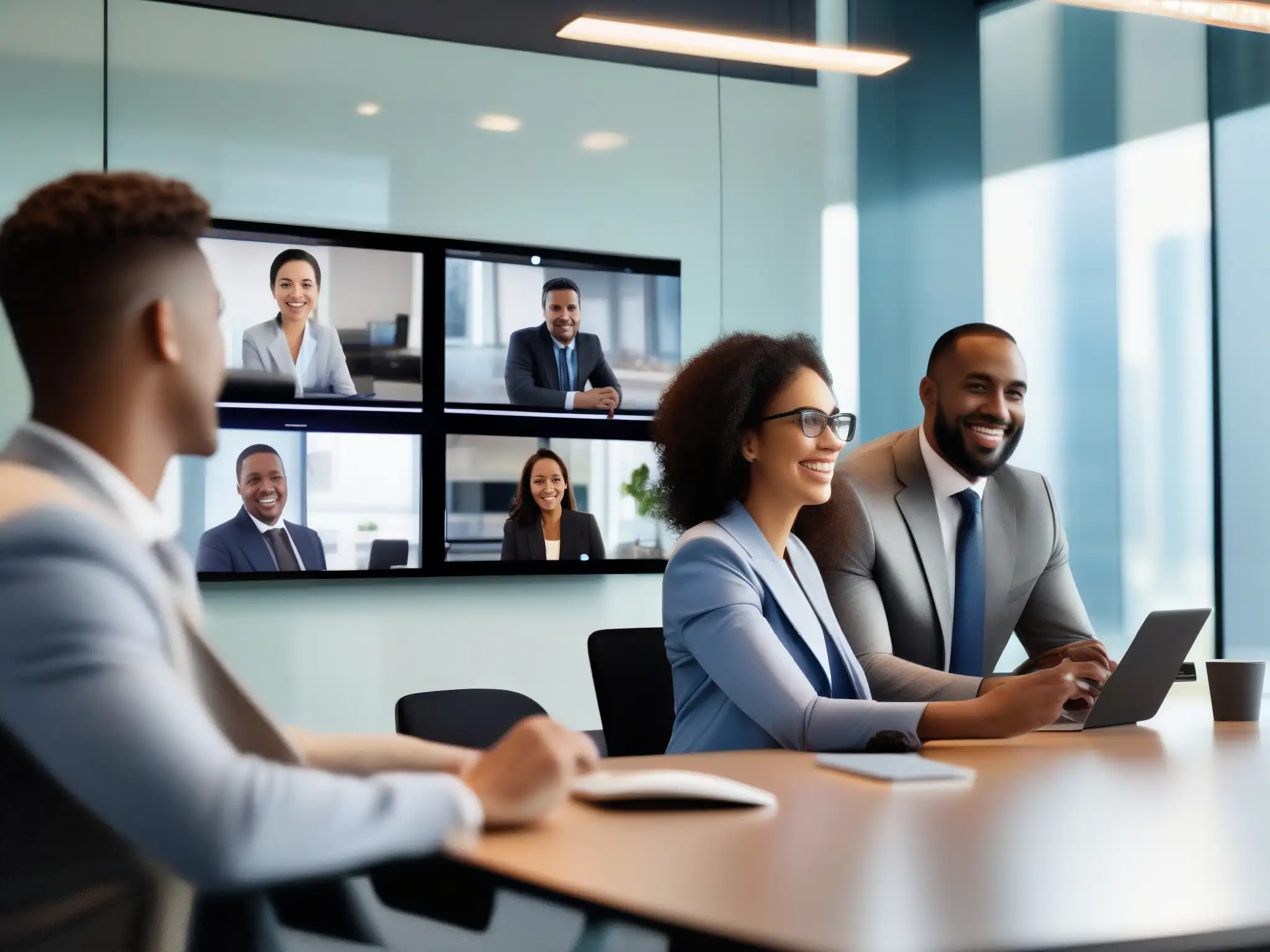 Profesionales diversos en videoconferencia móvil, colaborando con eficiencia en entorno moderno