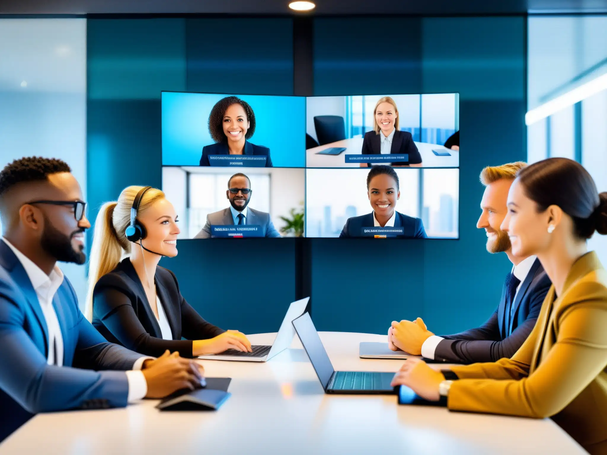 Videoconferencia segura y profesional Profesionales diversos en videoconferencia multidominio con seguridad y tecnología moderna