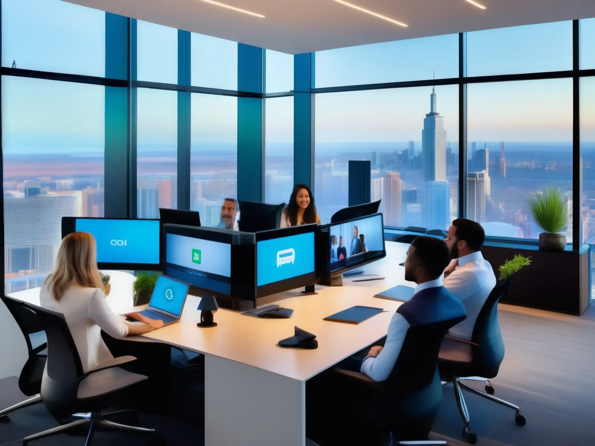 Oficina moderna con videoconferencia y profesionales diversos Profesionales diversos en videoconferencia en una oficina moderna con vista a la ciudad