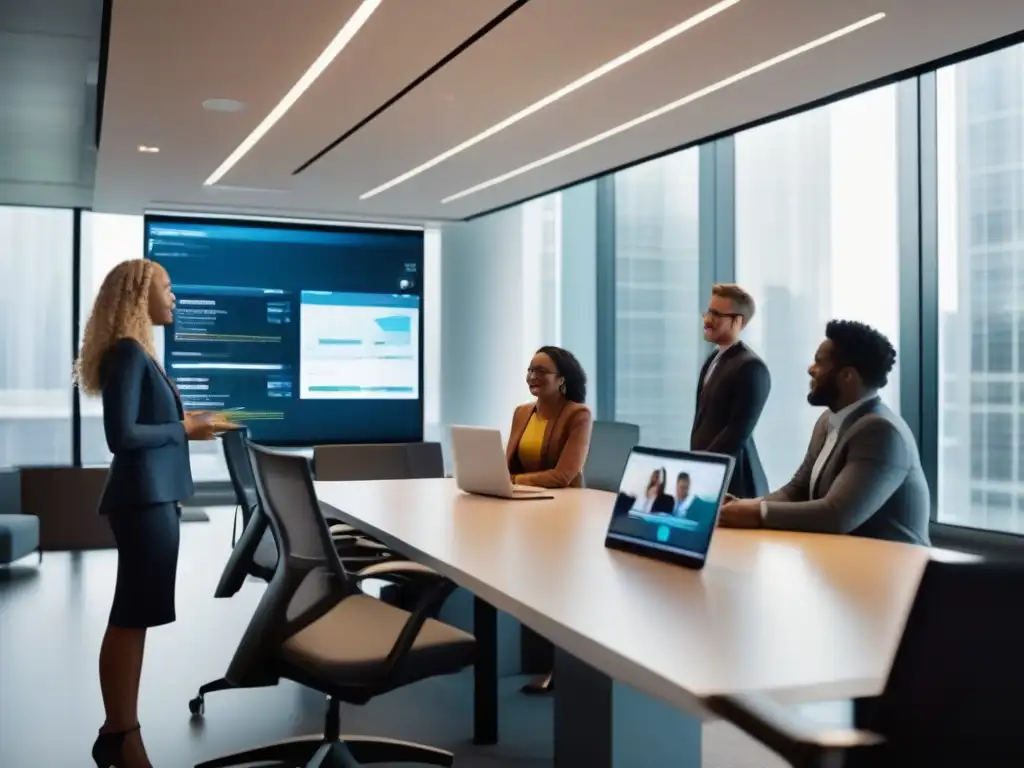 Profesionales diversificados en videoconferencia con IA Profesionales diversos en una videoconferencia en oficina moderna, con IA en pantalla