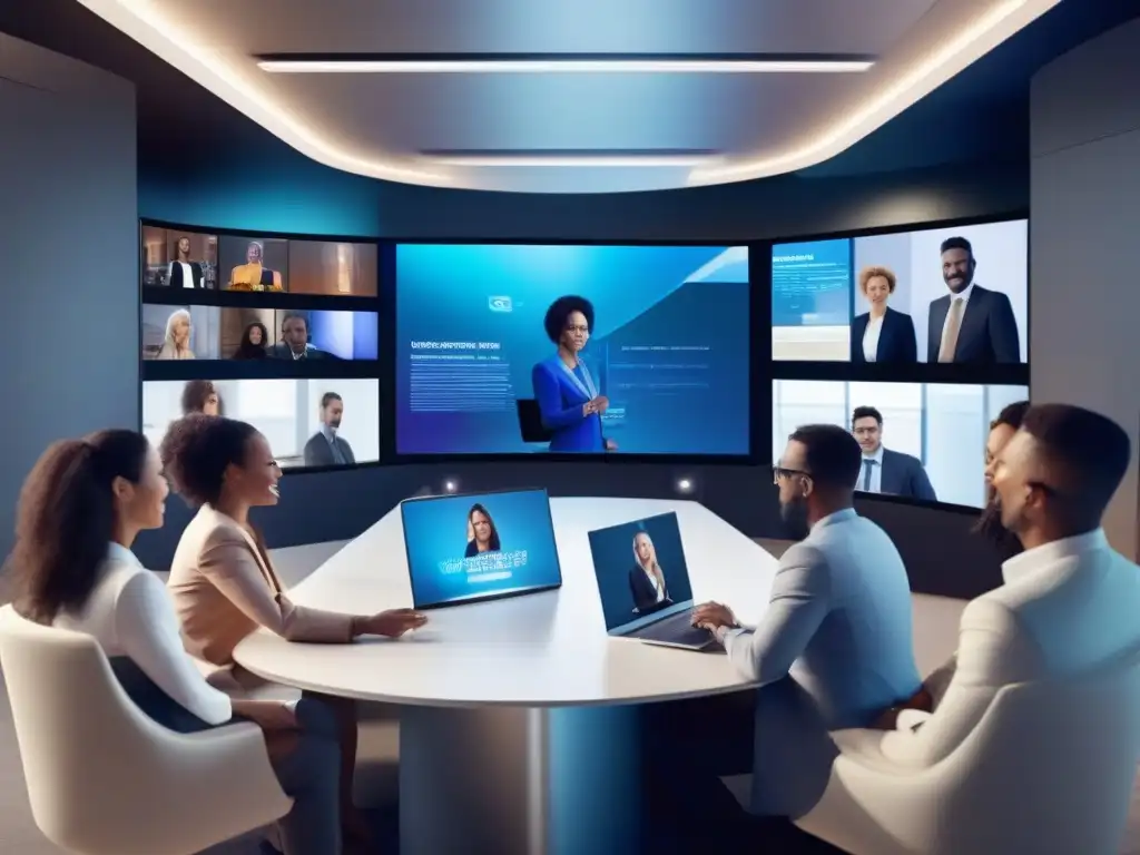 Profesionales diversos en videoconferencia futurista Profesionales diversos en videoconferencia personalizada API, evocando avance tecnológico para varios sectores