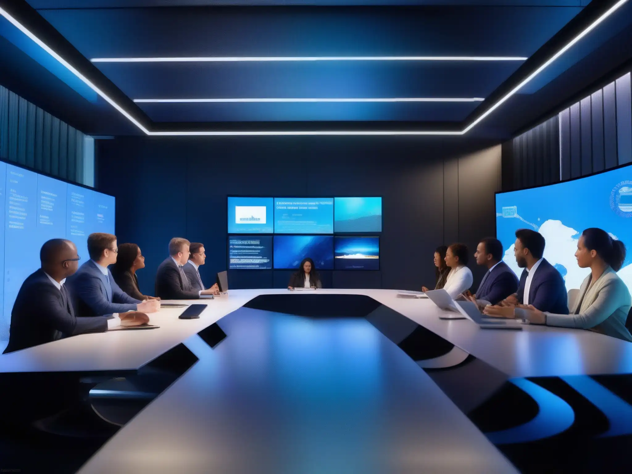 Videoconferencia futurista: profesionales colaborando en 2023 Profesionales diversos en videoconferencia, rodeados de gráficos digitales y tecnología avanzada