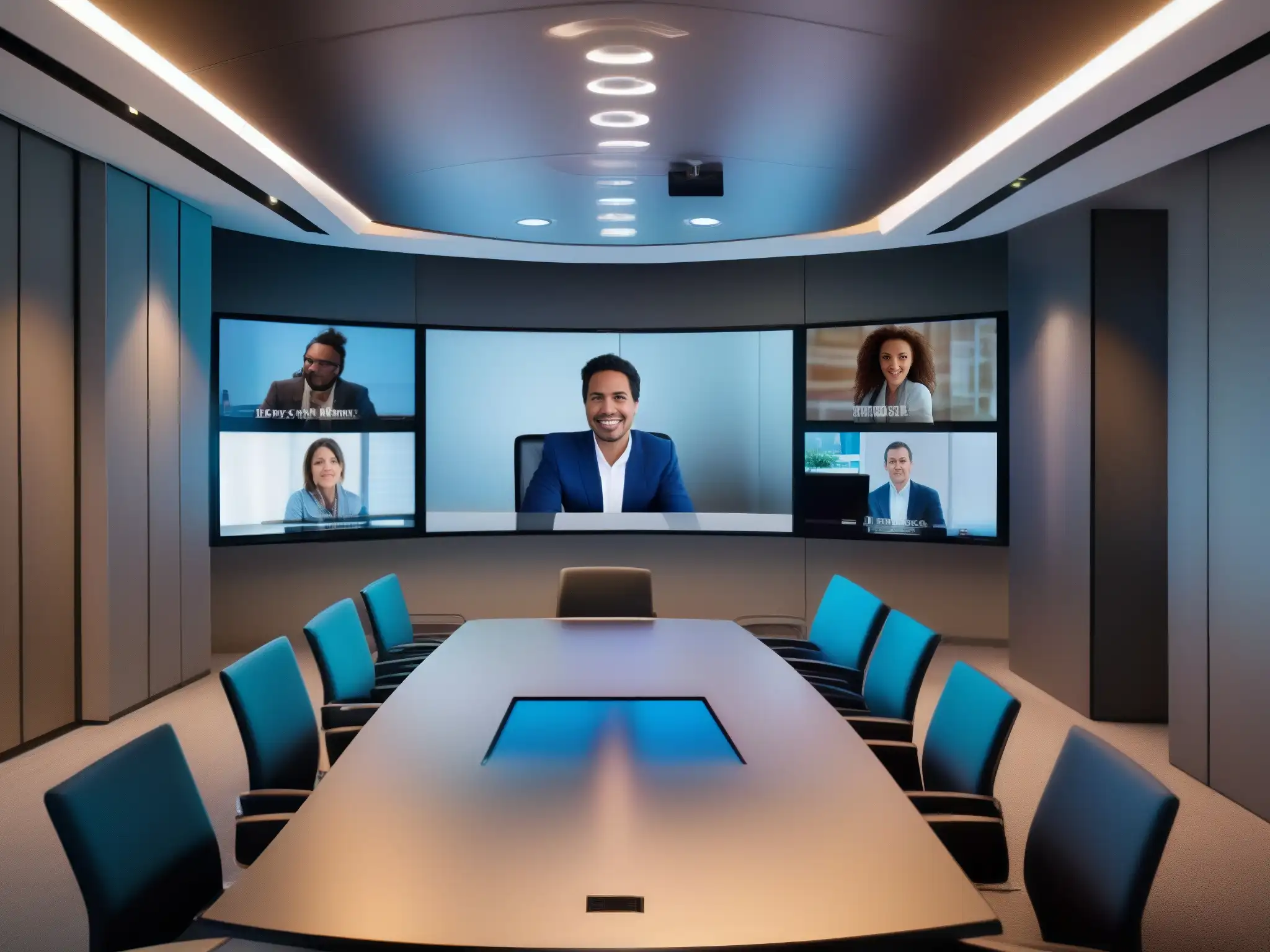 Videoconferencia segura: Tecnología de vanguardia en sala de reuniones Profesionales diversos en videoconferencia segura con integraciones esenciales ciberseguridad