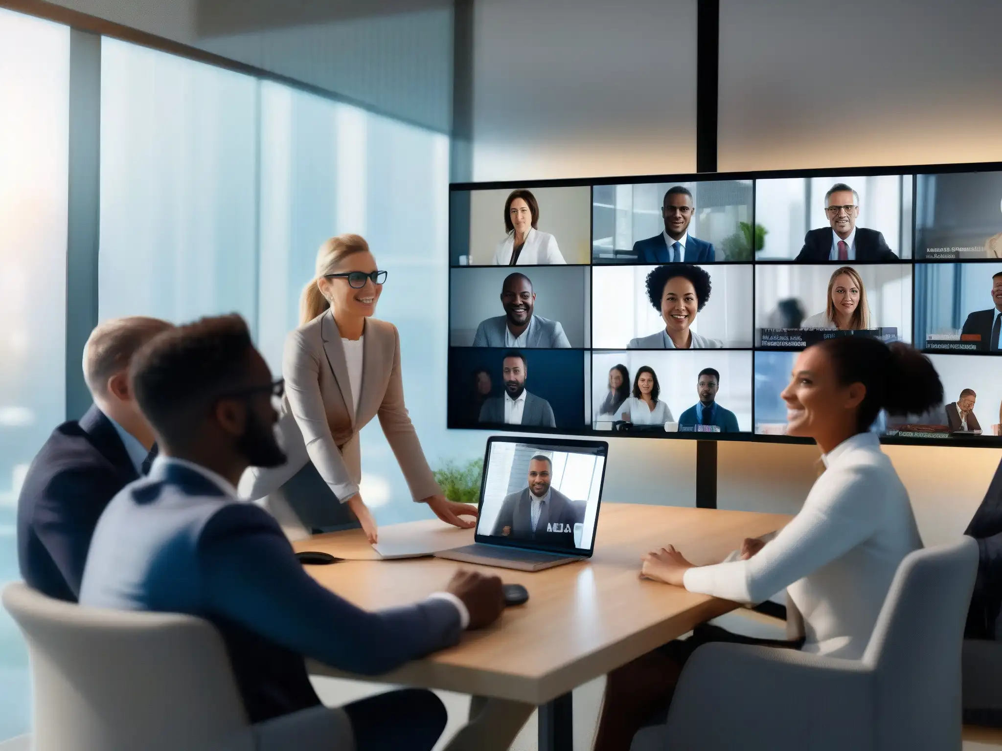Reunión virtual segura: profesionales diversos en acción Profesionales diversos en videoconferencia segura, integrando plataformas con SDKs para colaborar sin problemas