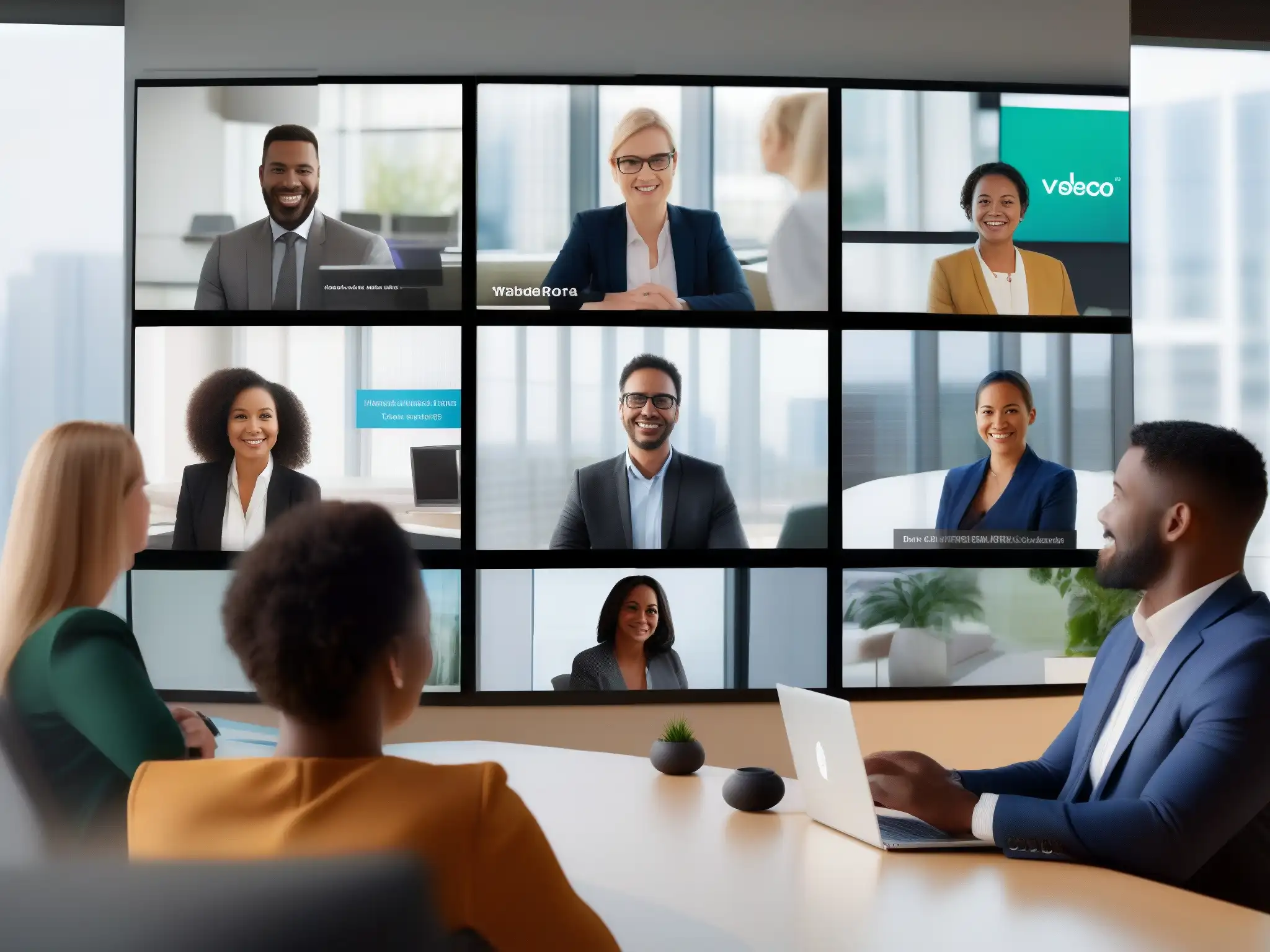 Profesionales seguros en videoconferencia Webex Profesionales diversos en videoconferencia segura con Webex, transmitiendo seguridad y profesionalismo