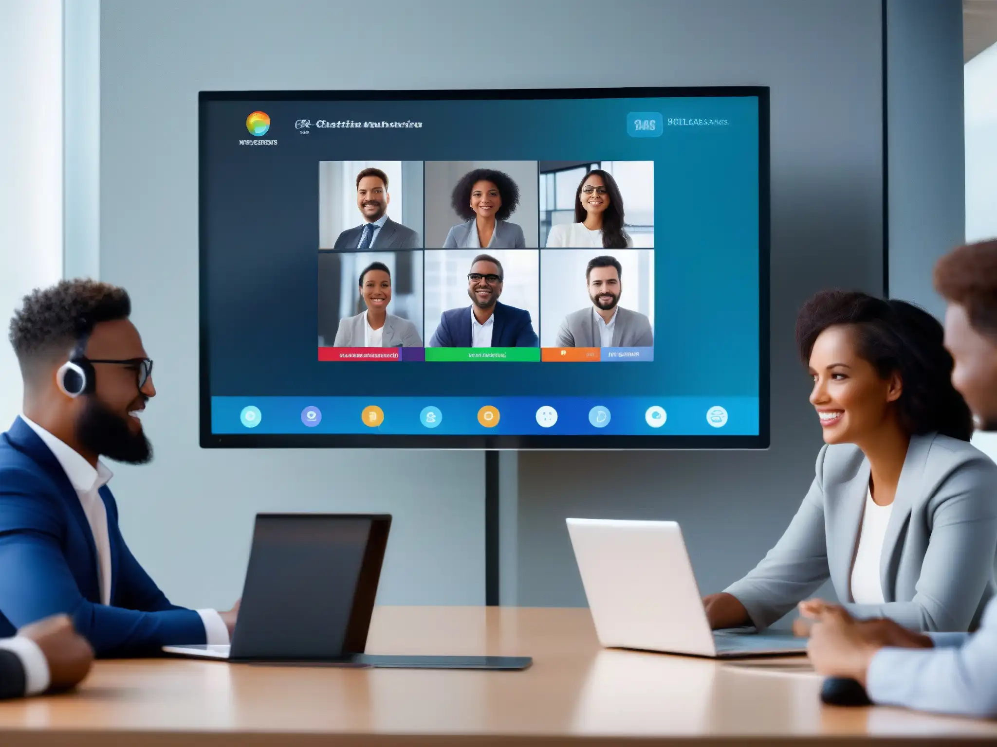 Profesionales en videoconferencia moderna Profesionales diversos en videoconferencia con software moderno y ambiente colaborativo, transmitiendo profesionalismo y sofisticación tecnológica
