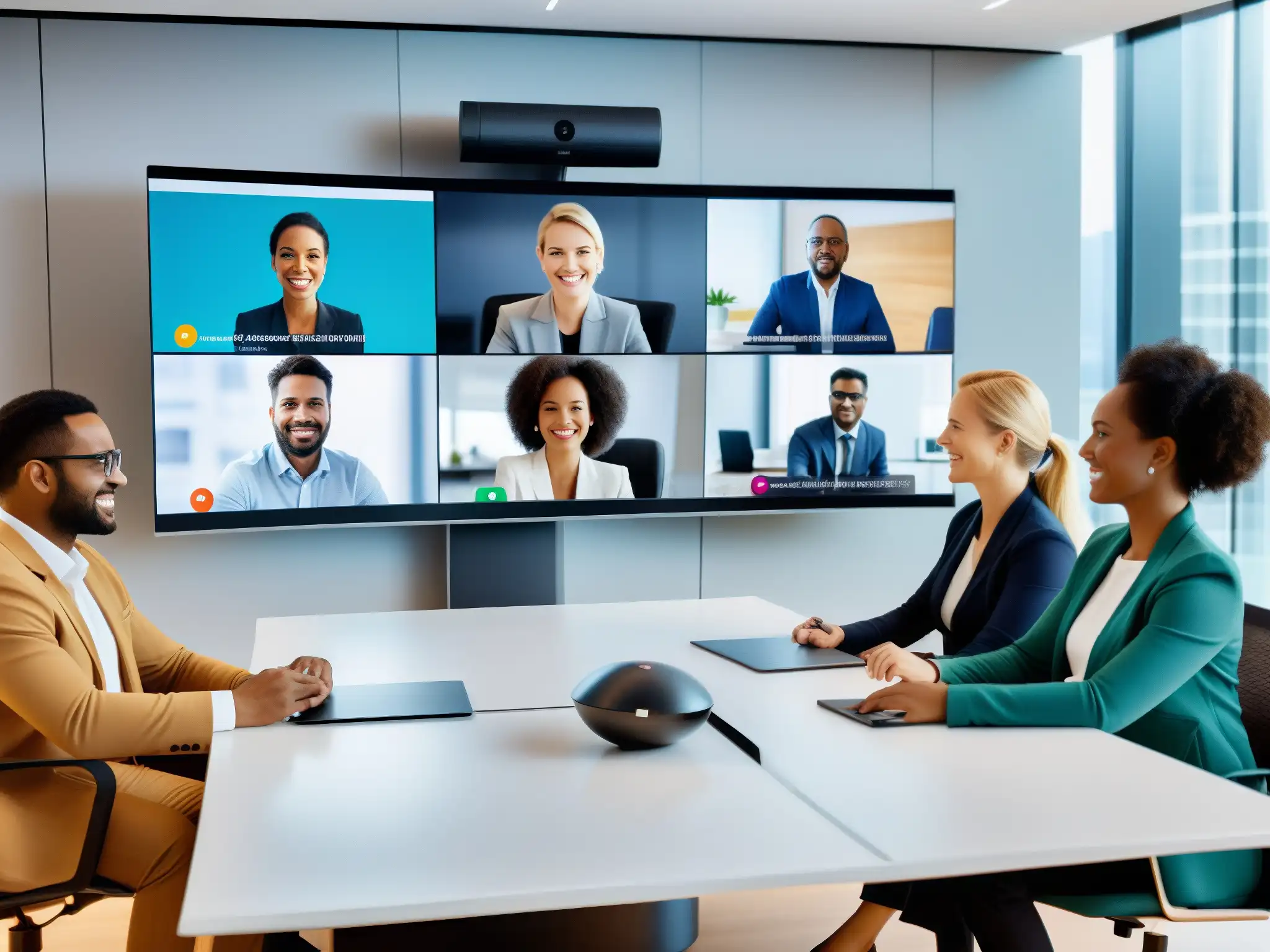 Profesionales diversos en videoconferencia AI dinámica Profesionales diversos en videoconferencia de startups, colaborando con IA en una sala de reuniones futurista y profesional