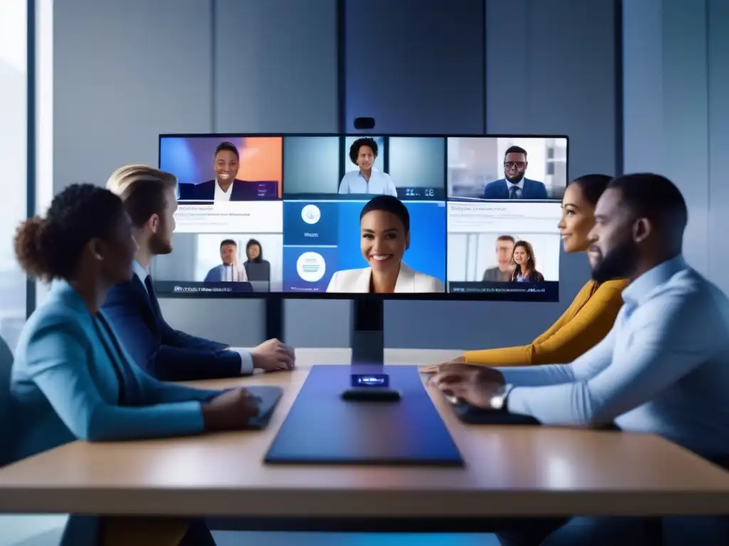 Conferencia virtual con análisis emocional en tiempo real Profesionales diversos en videoconferencia con tecnología de reconocimiento facial y análisis emocional en tiempo real