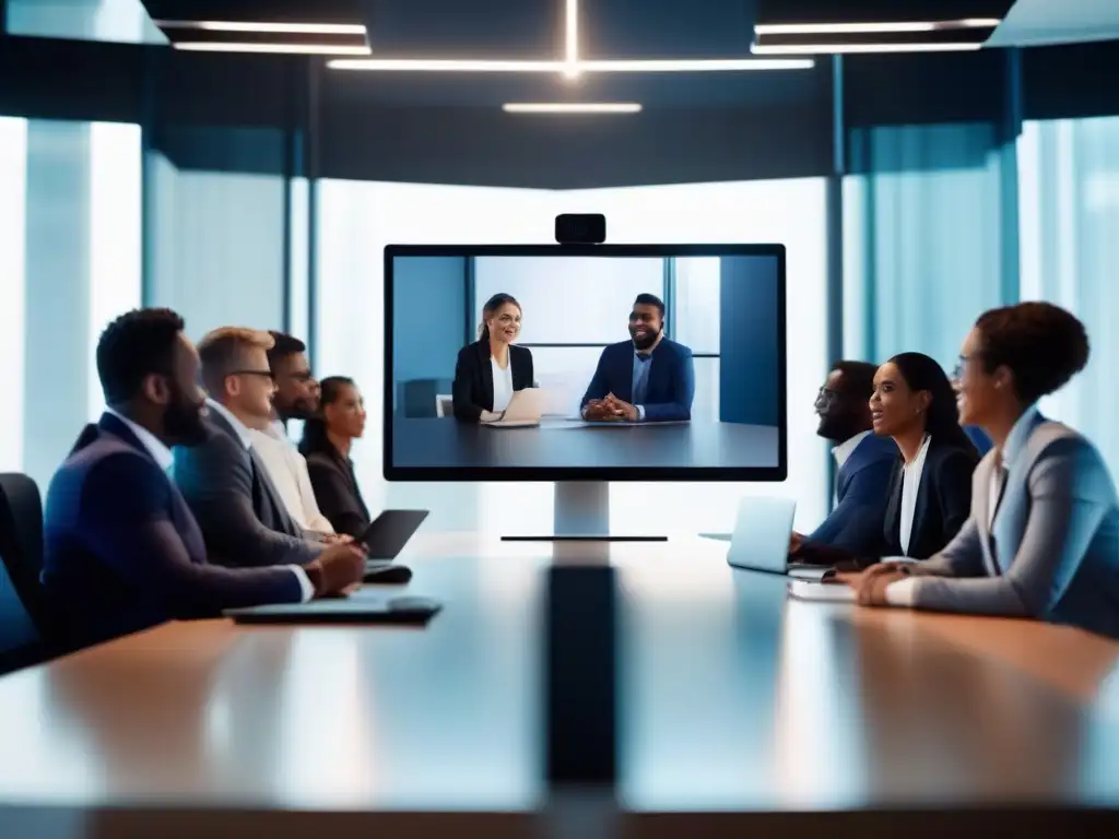 Reunión virtual profesional con GoToMeeting Profesionales diversos en videoconferencia con tecnología avanzada, reflejando la evolución de GoToMeeting en videoconferencia