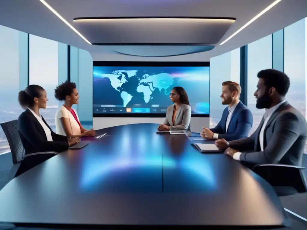 Videoconferencia de profesionales con tecnología innovadora Profesionales diversos en videoconferencia con tecnología holográfica y herramientas de comunicación IA, en un entorno profesional y futurista