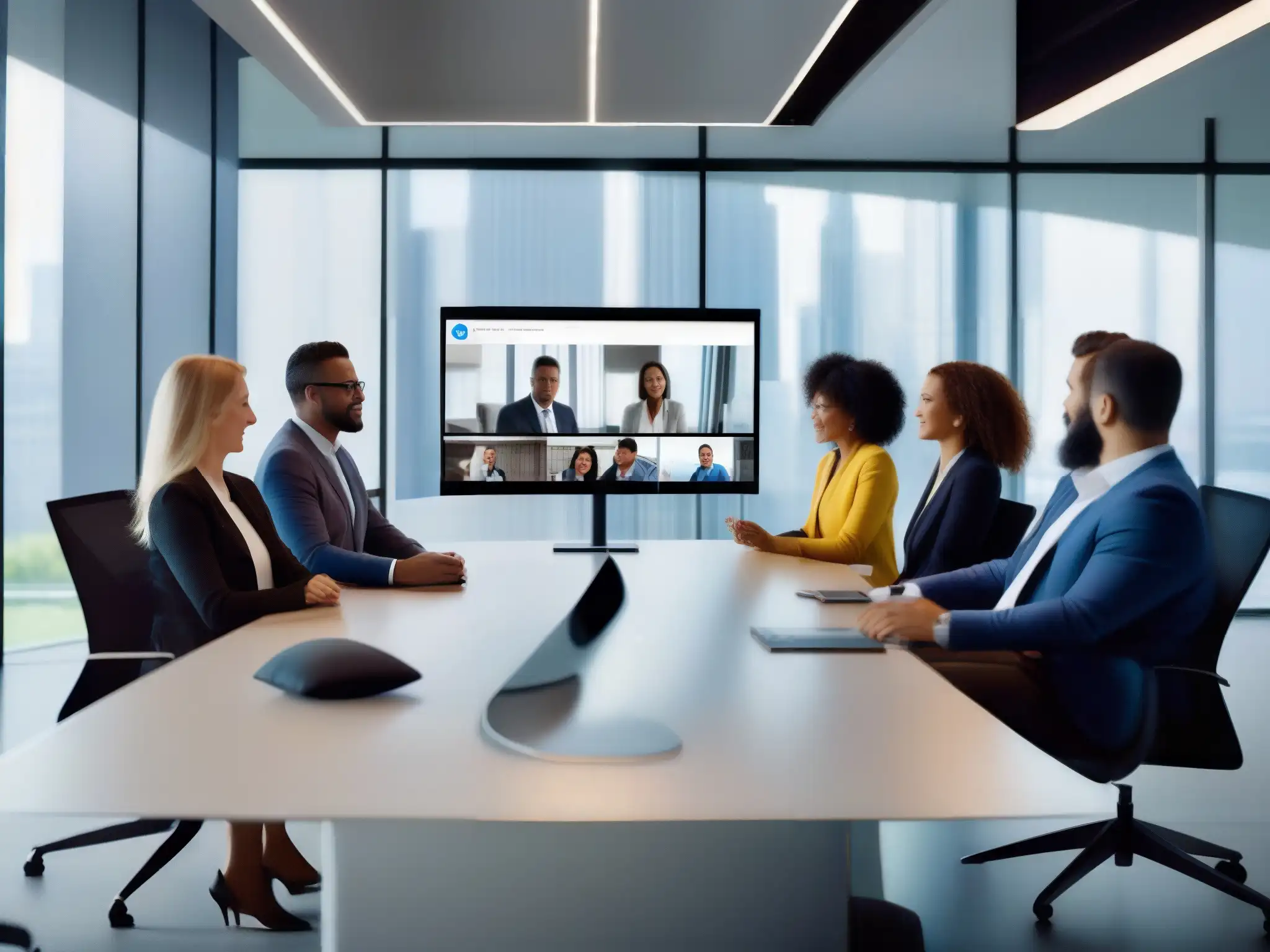 Reunión virtual de profesionales en oficina moderna Profesionales diversos en una videoconferencia, reflejando las tendencias de trabajo en equipo con tecnología de vanguardia