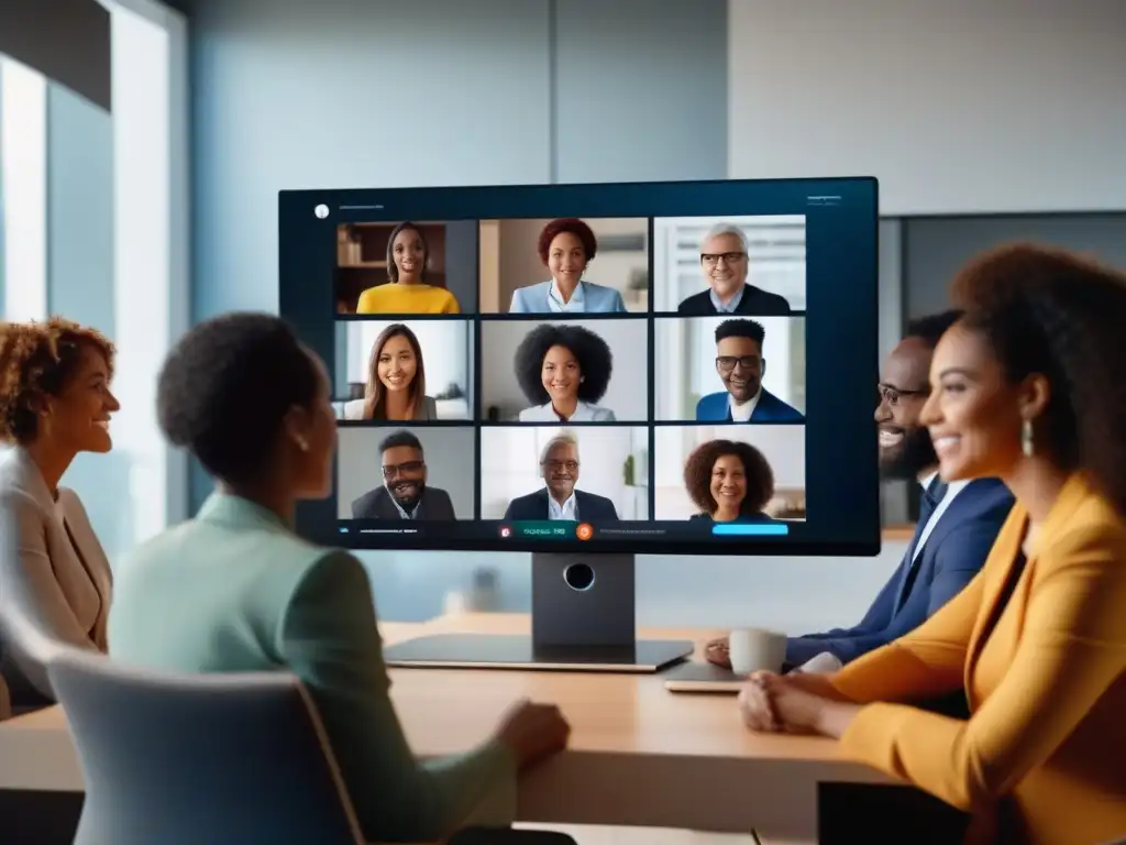 Conferencia virtual: diversidad y productividad en el teletrabajo Profesionales de diversas edades y etnias participan en una videoconferencia desde sus modernos y elegantes espacios de trabajo en casa