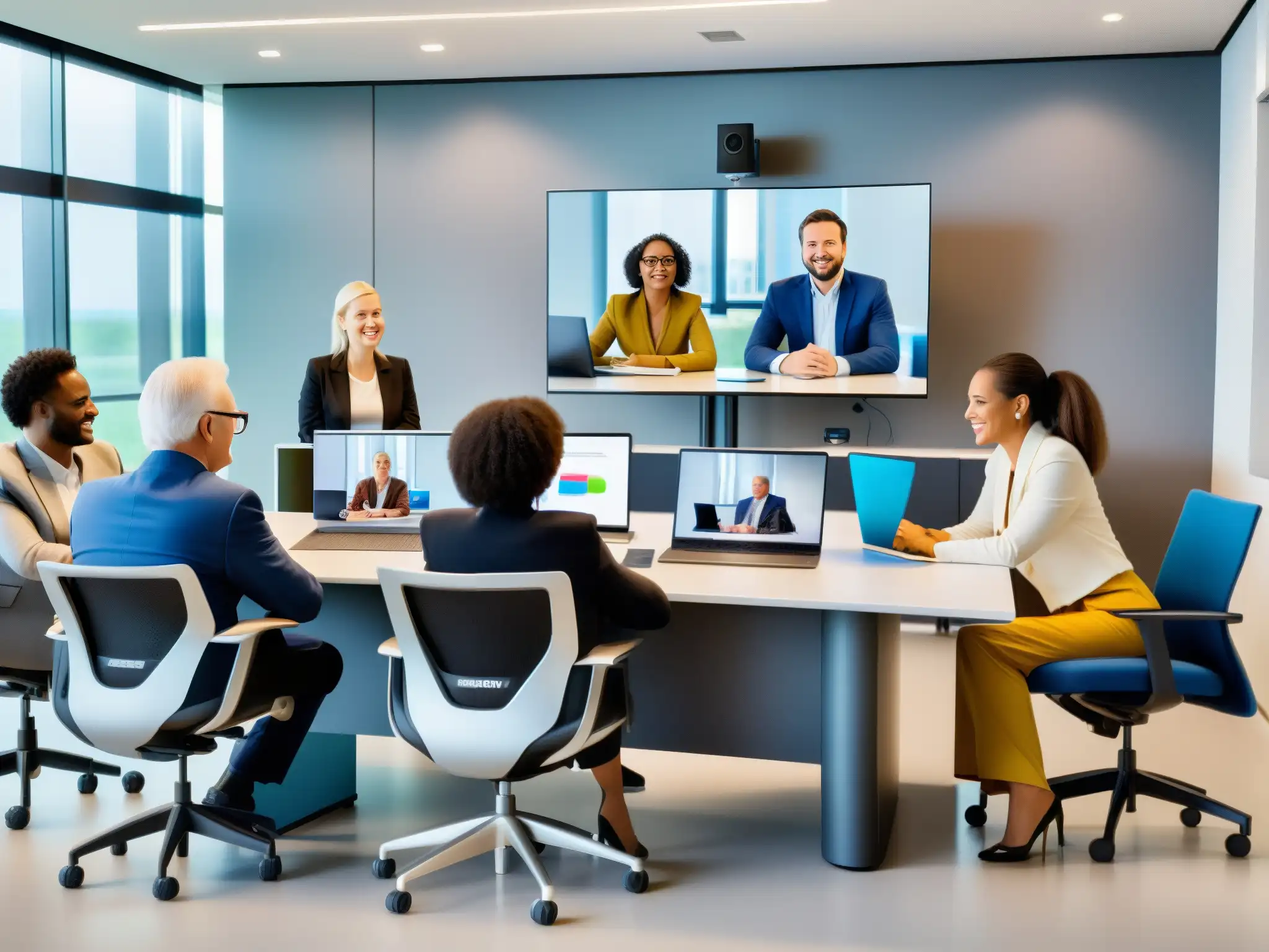 Reunión inclusiva de profesionales en videoconferencia Profesionales de diferentes edades, géneros y habilidades participan activamente en una videoconferencia inclusiva en un ambiente corporativo moderno y espacioso, con tecnología avanzada y accesibilidad