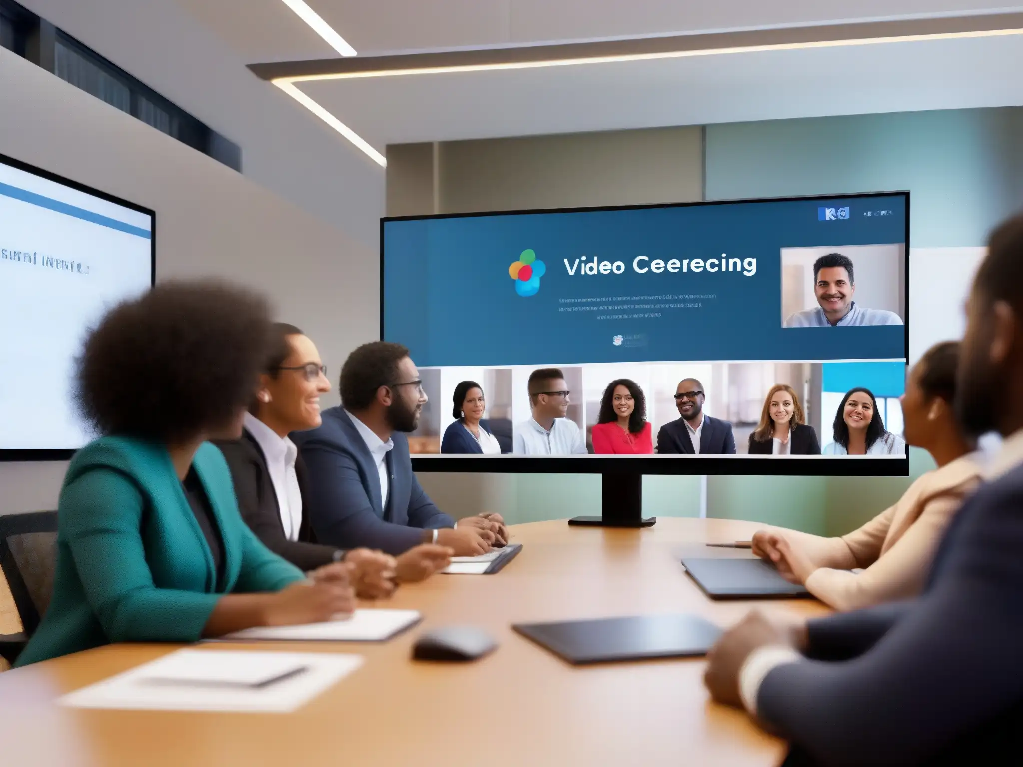 Videoconferencia dinámica para profesionales y educadores Profesionales y educadores diversificados en videoconferencia, compartiendo ideas con iconos intuitivos en videoconferencia