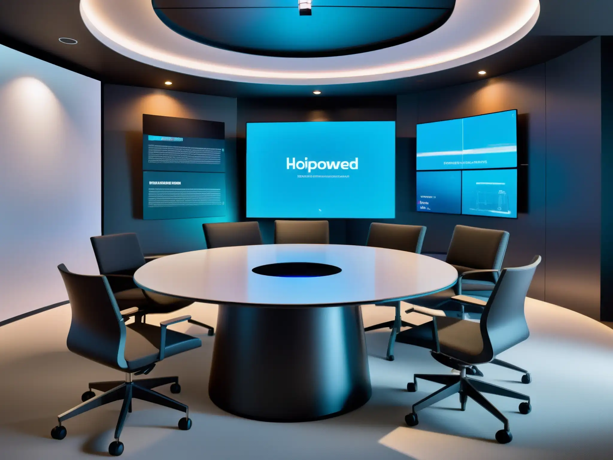 Sala de videoconferencias futurista con IA y hologramas Profesionales y educadores utilizan la Inteligencia Artificial en Videoconferencias en una sala futurista de alta tecnología con diseño minimalista y pantallas holográficas