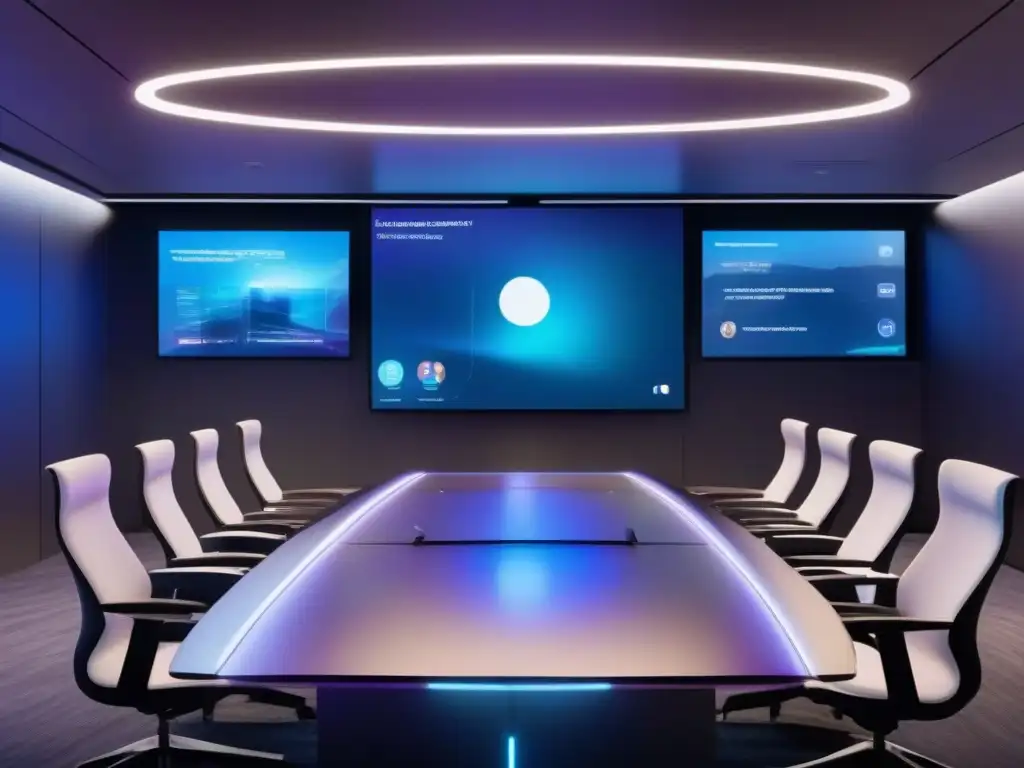 Sala de videoconferencias futurista en 8k Profesionales y educadores en una sala de videoconferencias futurista con tecnología de privacidad avanzada