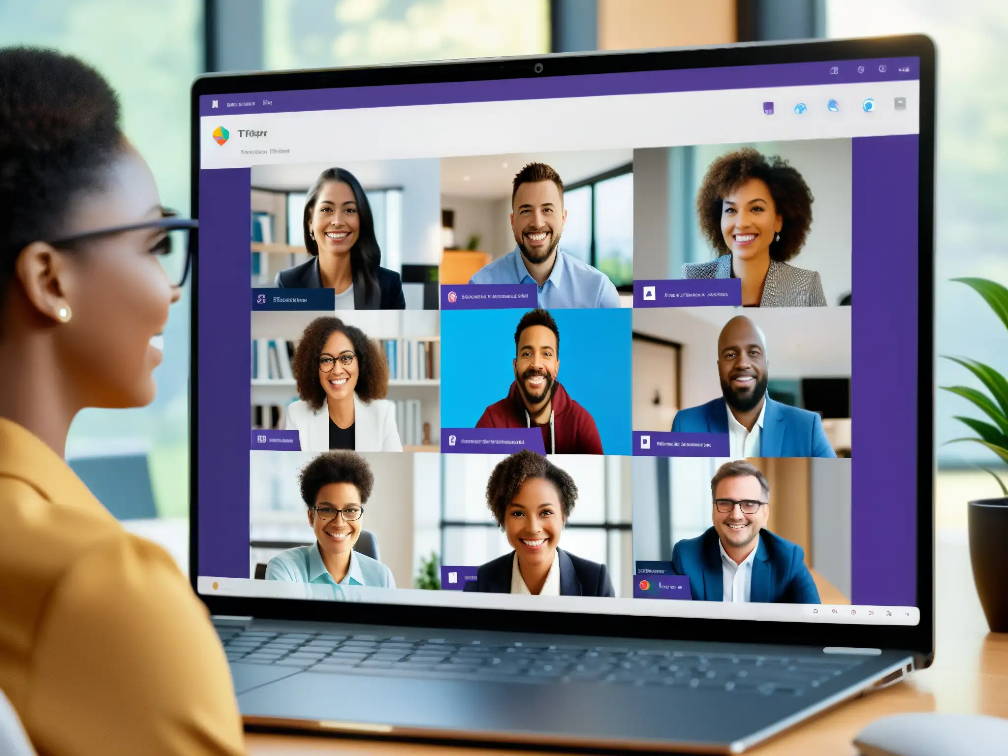 Profesionales colaborando en videoconferencia segura en Microsoft Teams Profesionales y educadores colaborando en una videoconferencia segura y personalizable en Microsoft Teams