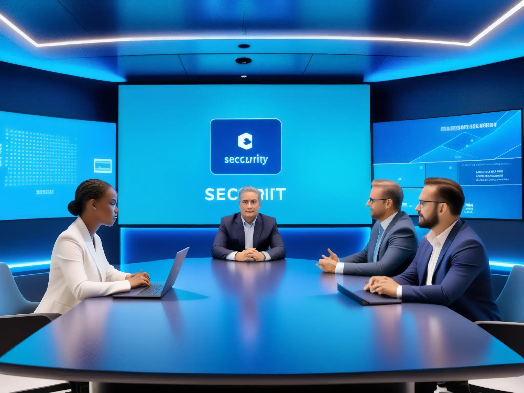 Sala de videoconferencias futurista y segura en 8K Profesionales y educadores en videoconferencia segura, intercambiando ideas en una sala futurista con actualizaciones de seguridad en videoconferencia