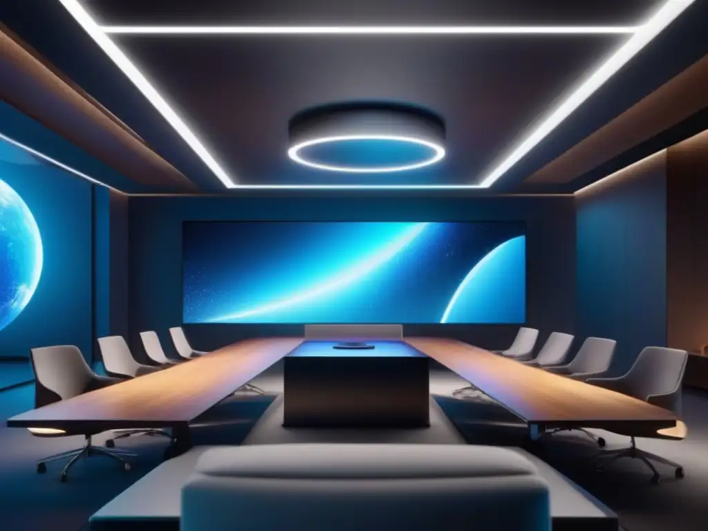 Sala de videoconferencias futurista con cumplimiento de privacidad Profesionales y educadores en videoconferencias futuristas adaptándose a las regulaciones privacidad