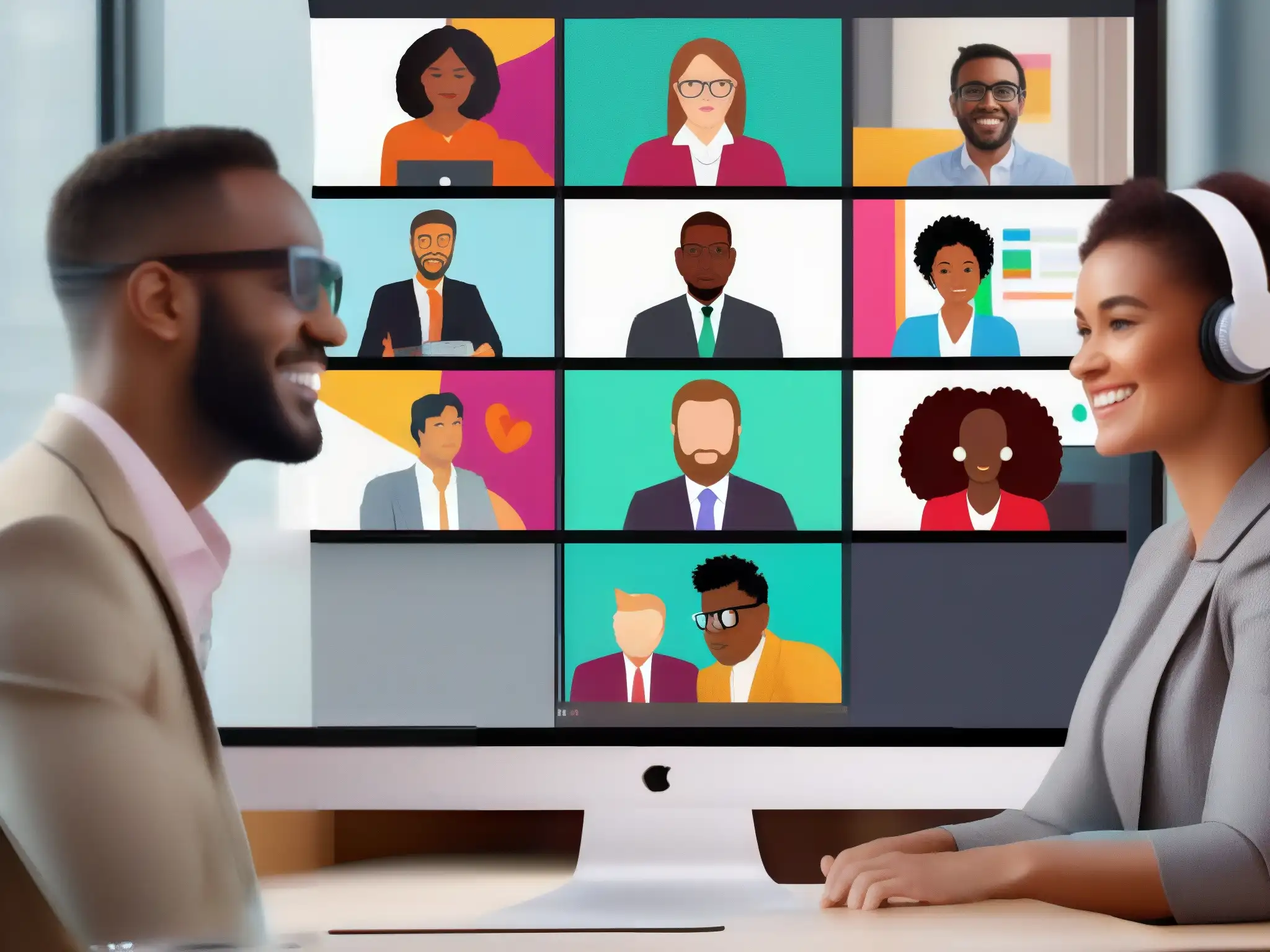 Reunión virtual en Slack: colaboración eficiente de profesionales Profesionales colaborando en Slack, con eficiencia y productividad