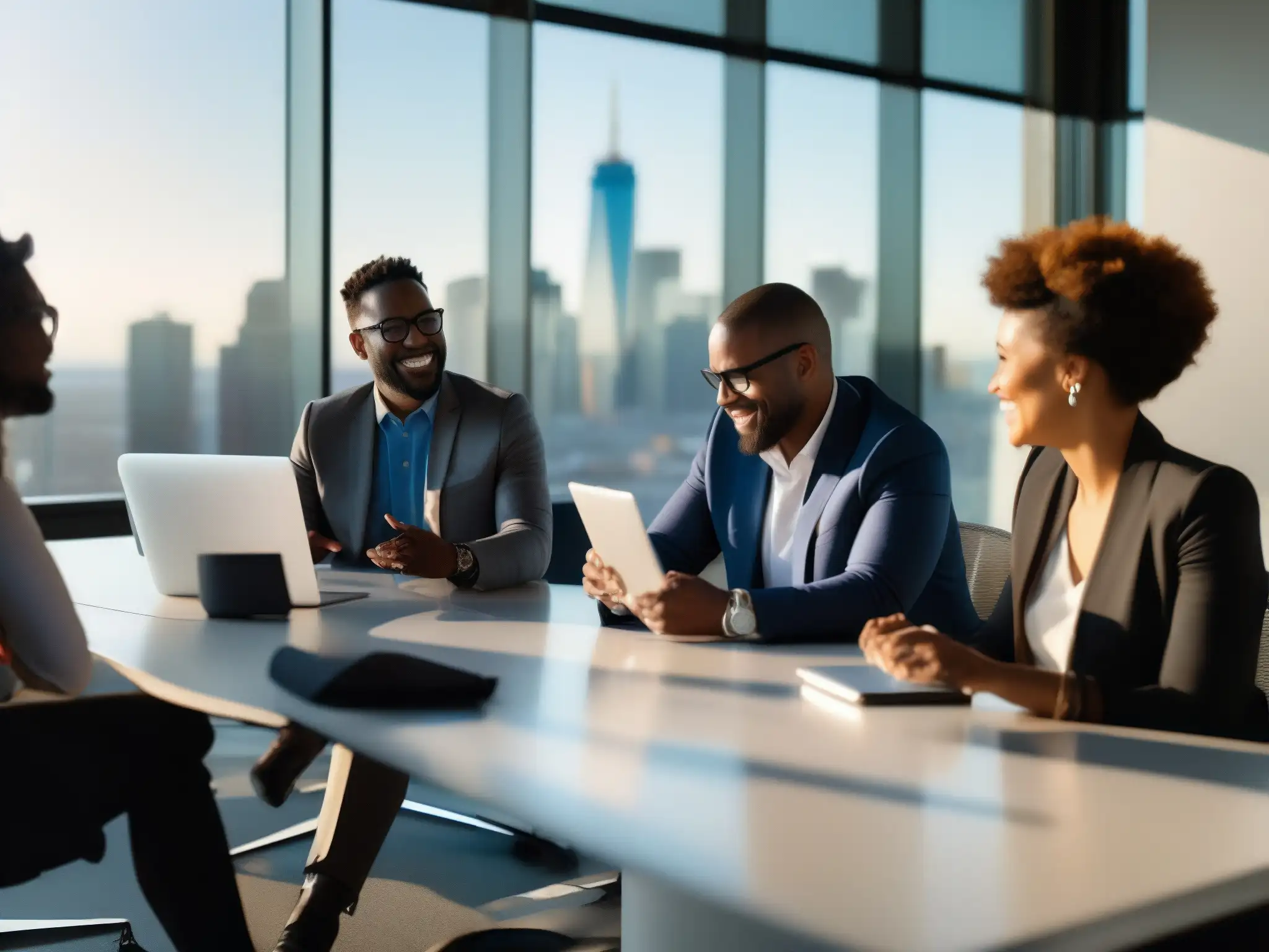 Reunión de profesionales en oficina moderna Profesionales y emprendedores discuten ideas innovadoras en una moderna oficina