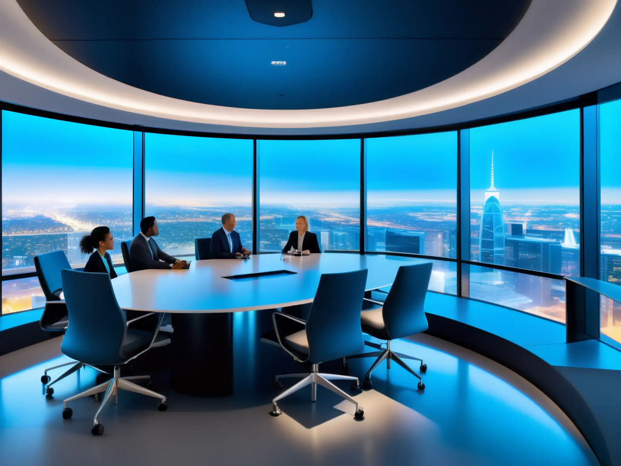 Conferencia 5G: Futurismo en la oficina Profesionales preparando empresa para la transición a la videoconferencia 5G en futurista sala de juntas con vista a la ciudad de noche