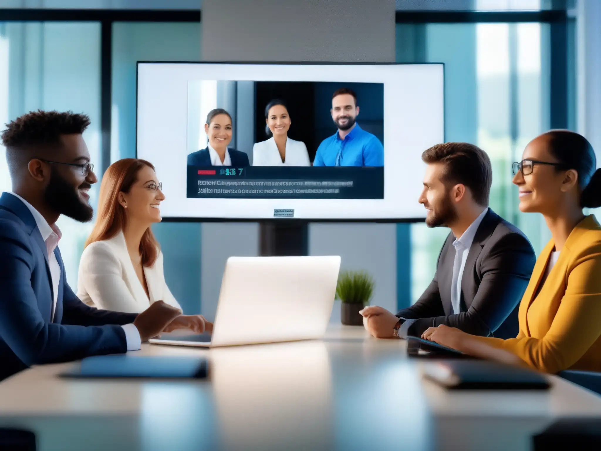 Profesionales colaborando con inteligencia artificial en videoconferencia Profesionales enfocados colaboran con herramientas de IA en una videoconferencia, transmitiendo innovación y profesionalismo