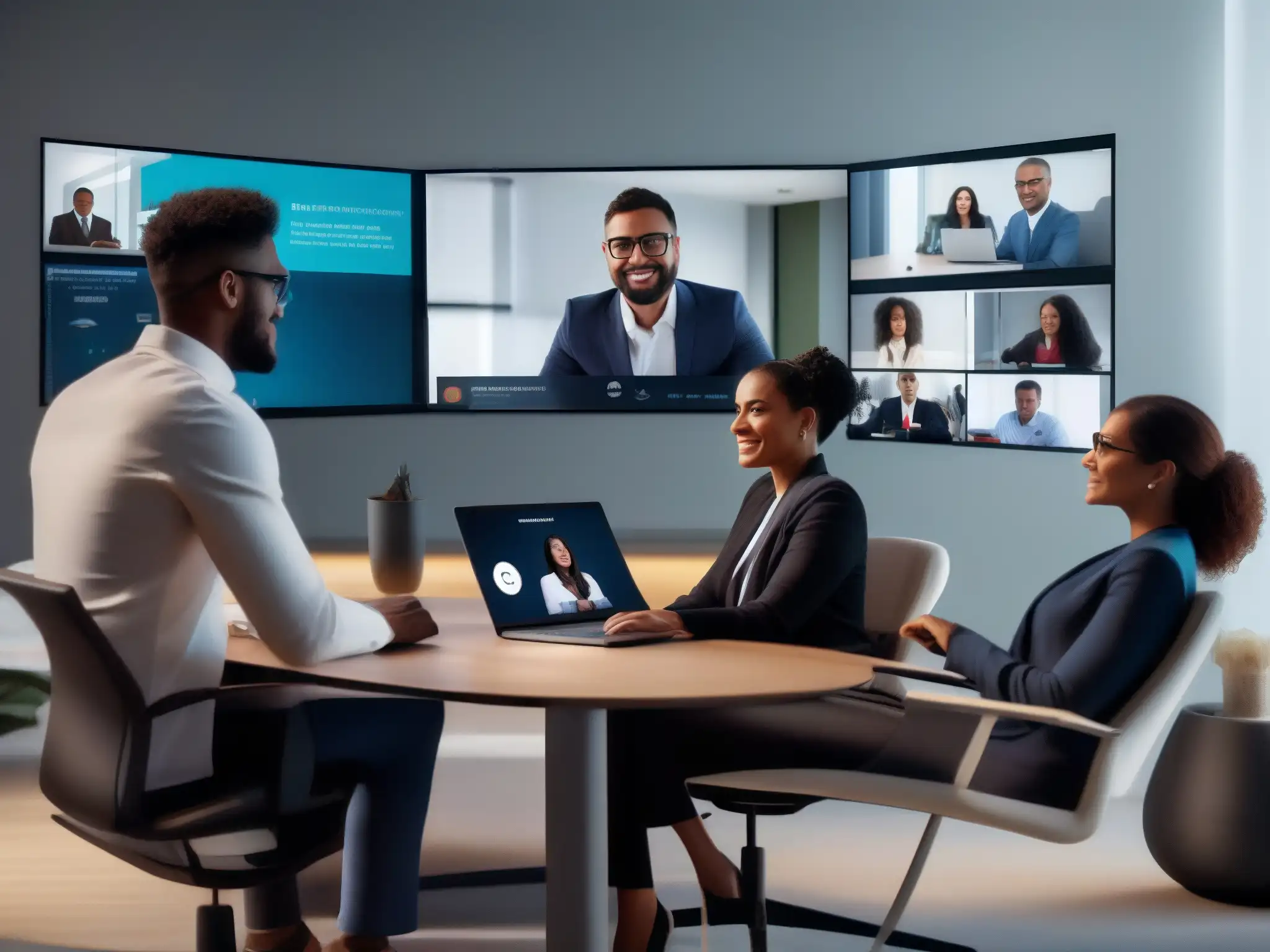 Profesionales enfocados en videoconferencia Profesionales enfocados colaborando en una videoconferencia desde casa, ambiente moderno y productivo