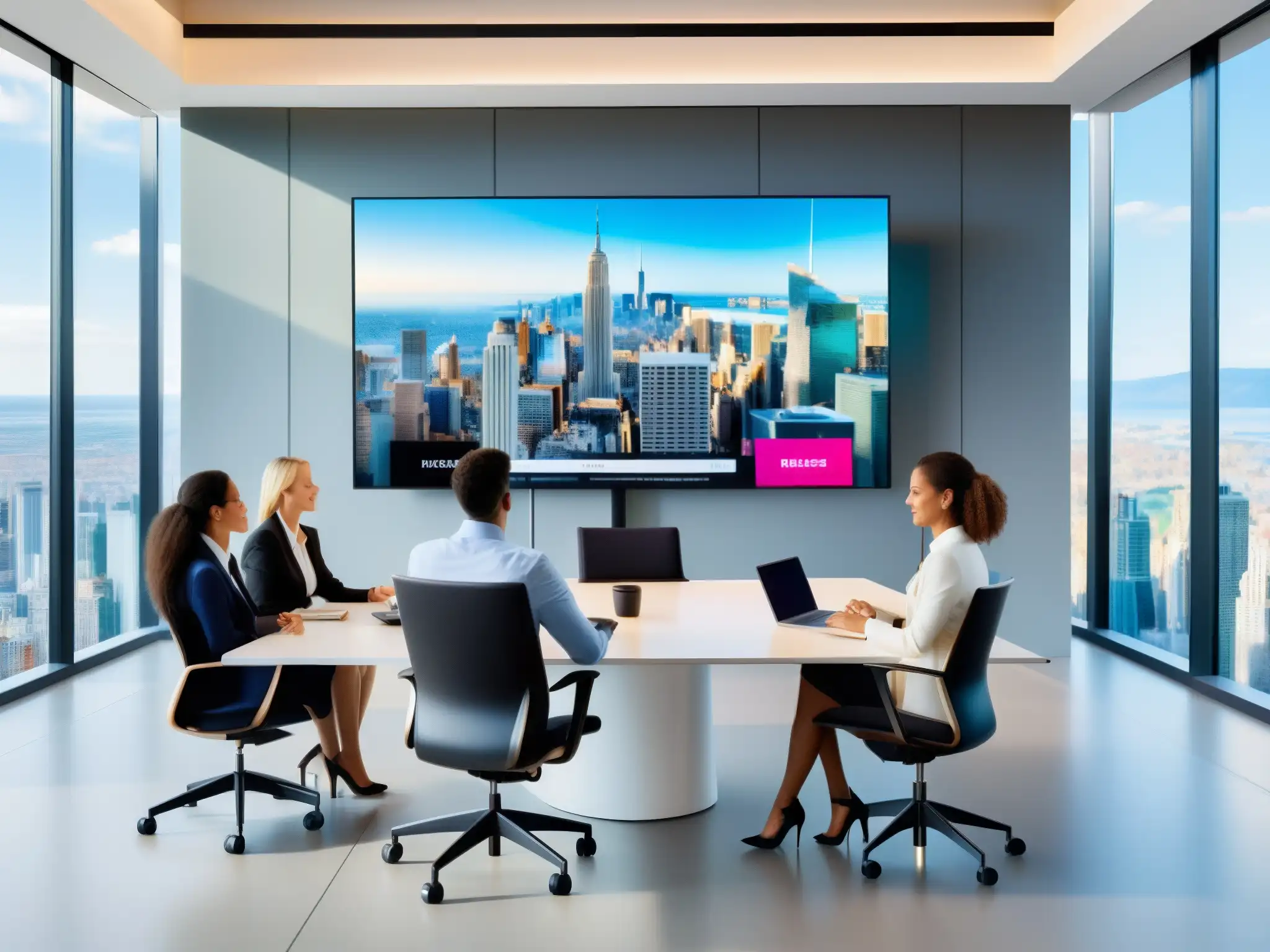 Conferencia virtual en oficina moderna Profesionales enfocados en una videoconferencia en un entorno moderno y luminoso, con la integración de videoconferencias en Slack