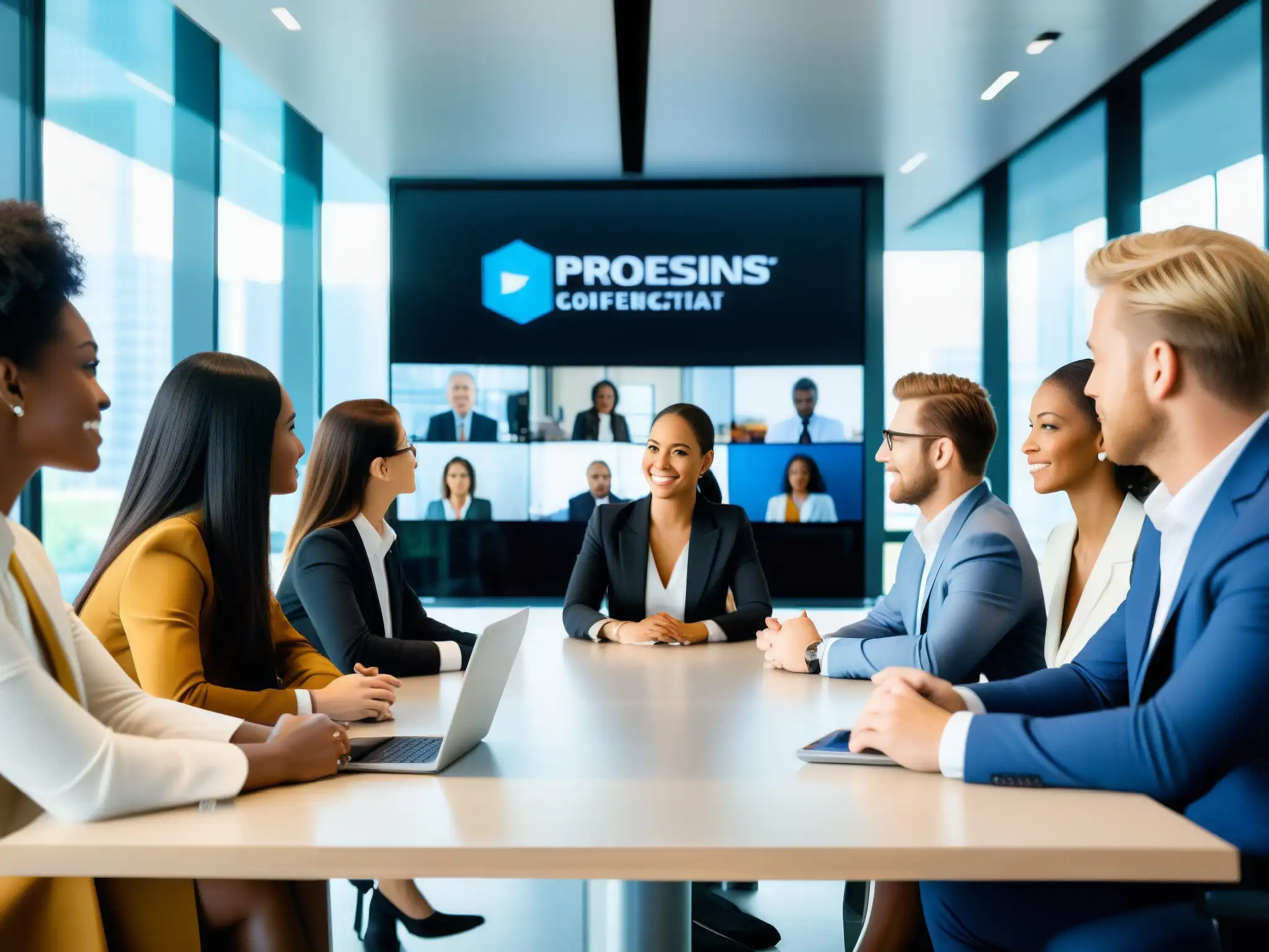 Profesionales enfocados en videoconferencia, fomentando puntualidad y colaboración en un espacio moderno y luminoso