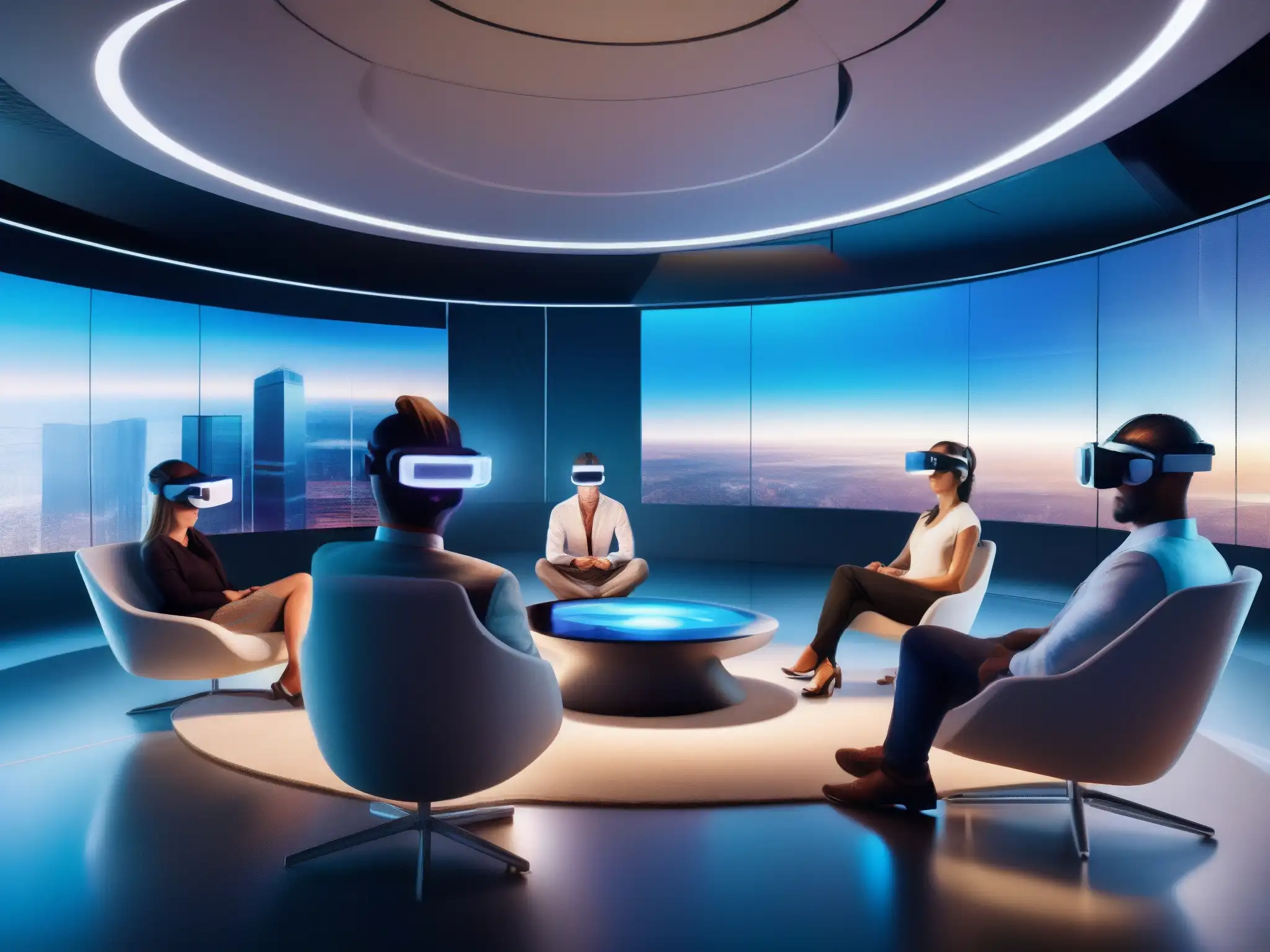 Reunión de profesionales en sala de realidad virtual Profesionales interactúan en un entorno futurista de realidad virtual para videoconferencias