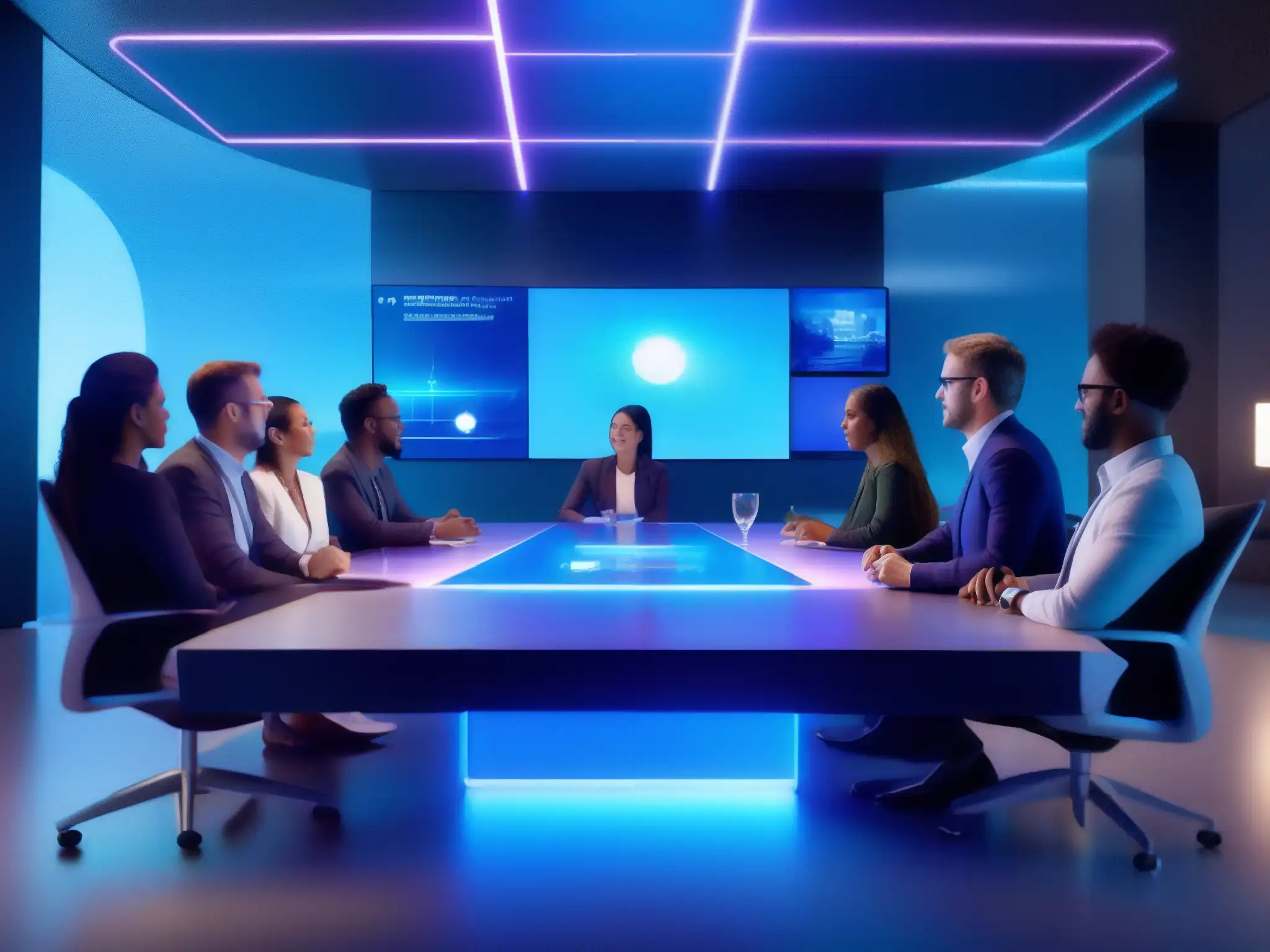 Reunión futurista en sala de juntas: plataforma de videoconferencias 3D Profesionales entusiasmados discuten una plataforma de videoconferencia corporativa 2023 en sala futurista azul