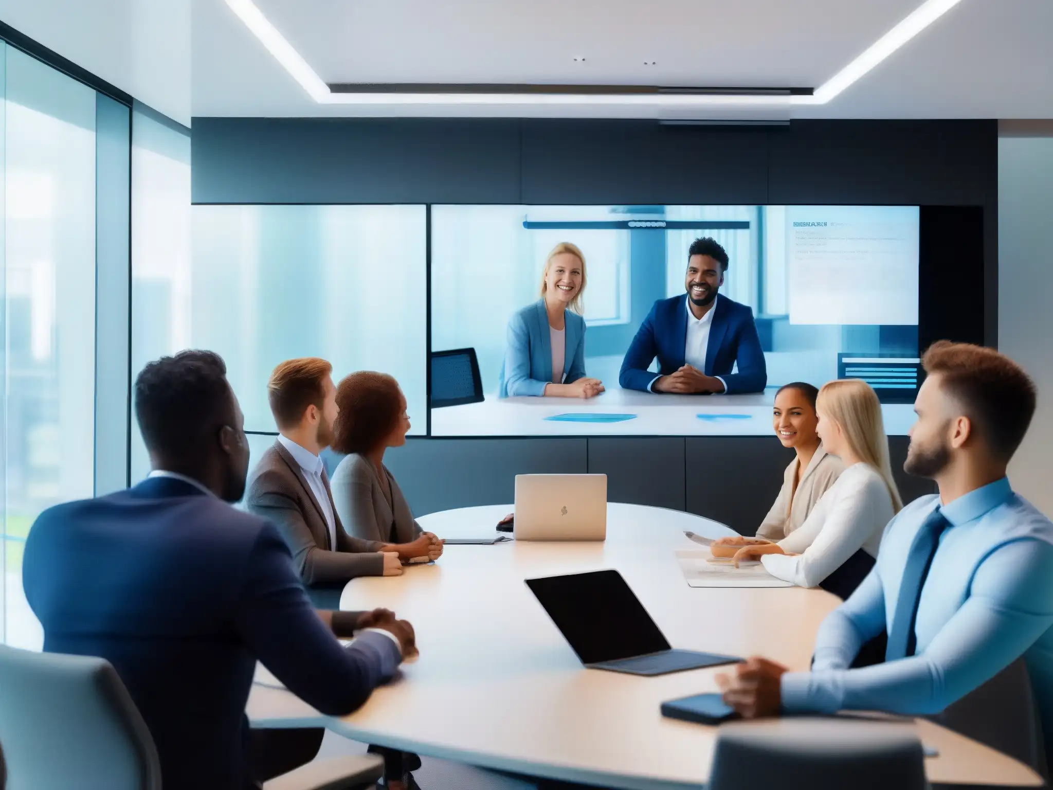 Reunión de profesionales con IA en oficina moderna Profesionales entusiasmados interactúan con la IA en una reunión de videoconferencia personalizada en una oficina moderna y luminosa