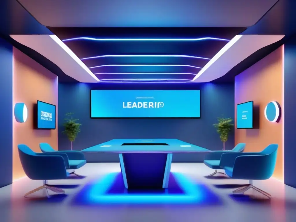 Salón de reuniones virtuales futurista y gamificado Profesionales entusiasmados participan en reuniones online gamificadas en una sala futurista