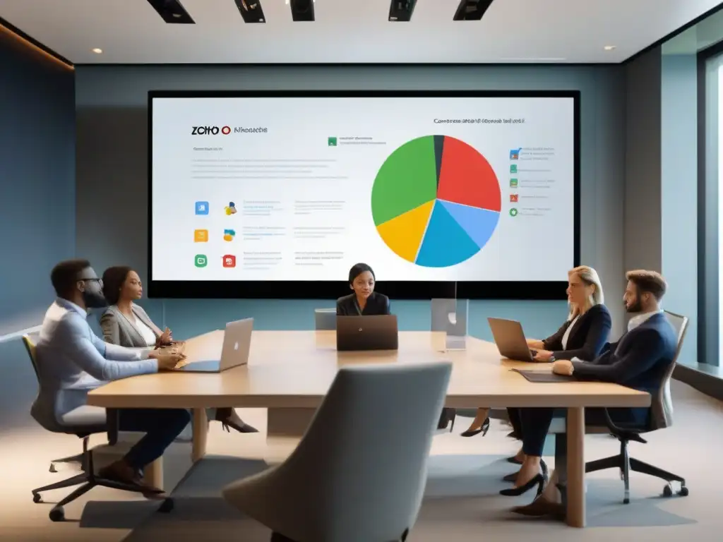 Reunión productiva con Zoho Meeting y CRM Profesionales colaboran con entusiasmo en la integración Zoho Meeting CRM PYMES, en un ambiente moderno y productivo