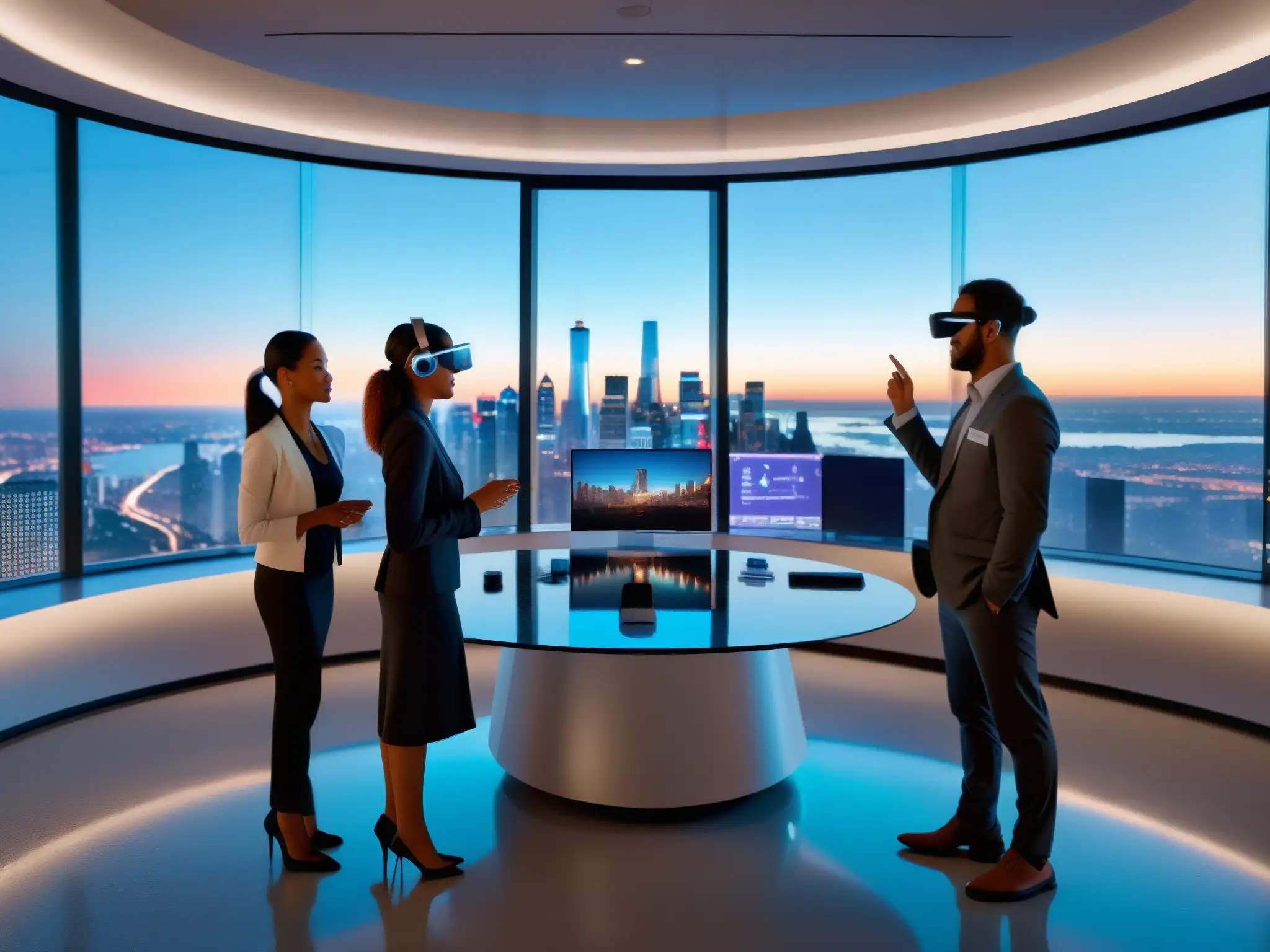 Profesionales colaborando con AR en oficina futurista Profesionales colaboran con entusiasmo en un modelo 3D en una oficina futurista con realidad aumentada en videoconferencias profesionales