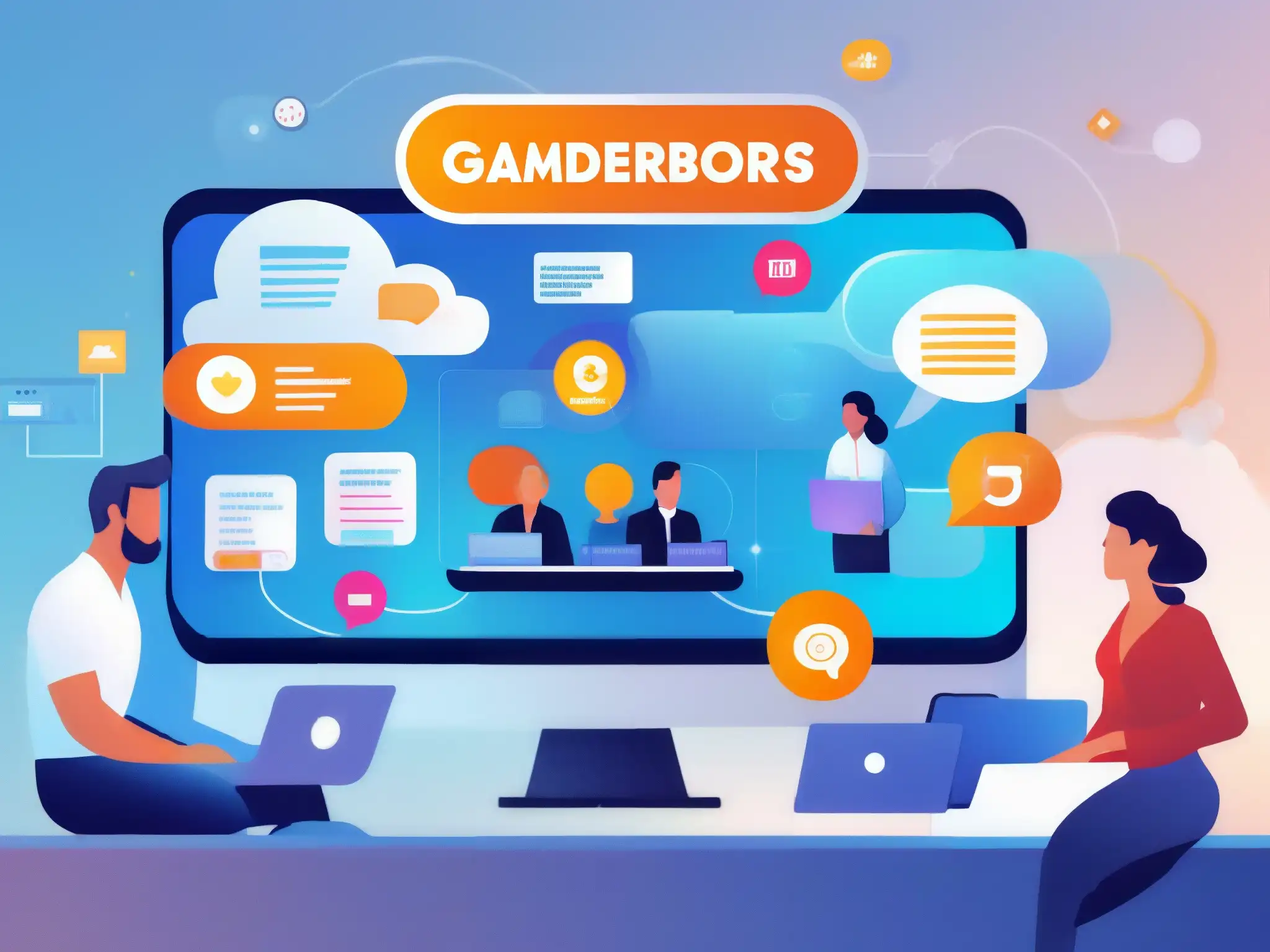 Reunión virtual gamificada: innovación y colaboración Profesionales entusiastas participan en una reunión online con gamificación en startups, con elementos digitales futuristas y colaboración creativa