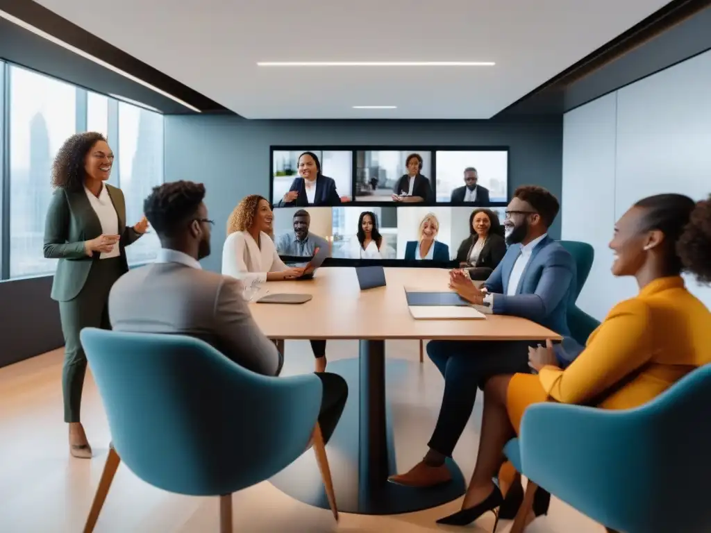 Reunión virtual entusiasta de profesionales con Google Meet Profesionales entusiastas tienen una reunión virtual animada en Google Meet, discutiendo datos con pasión y energía