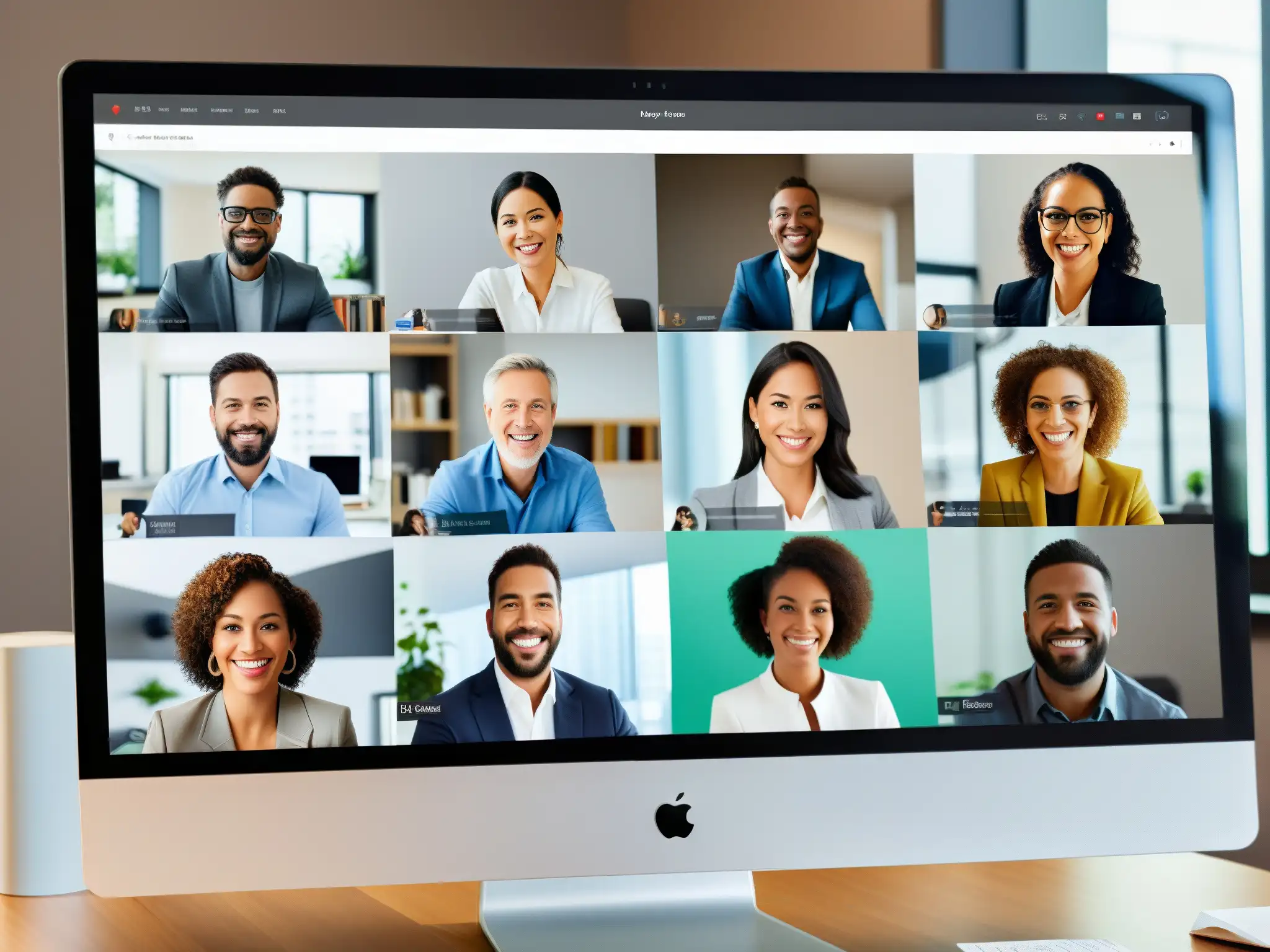 Reunión virtual creativa en Adobe Connect: Colaboración y productividad Profesionales diversos colaboran entusiastas en reunión virtual con Adobe Connect, destacando su personalización para PYMES