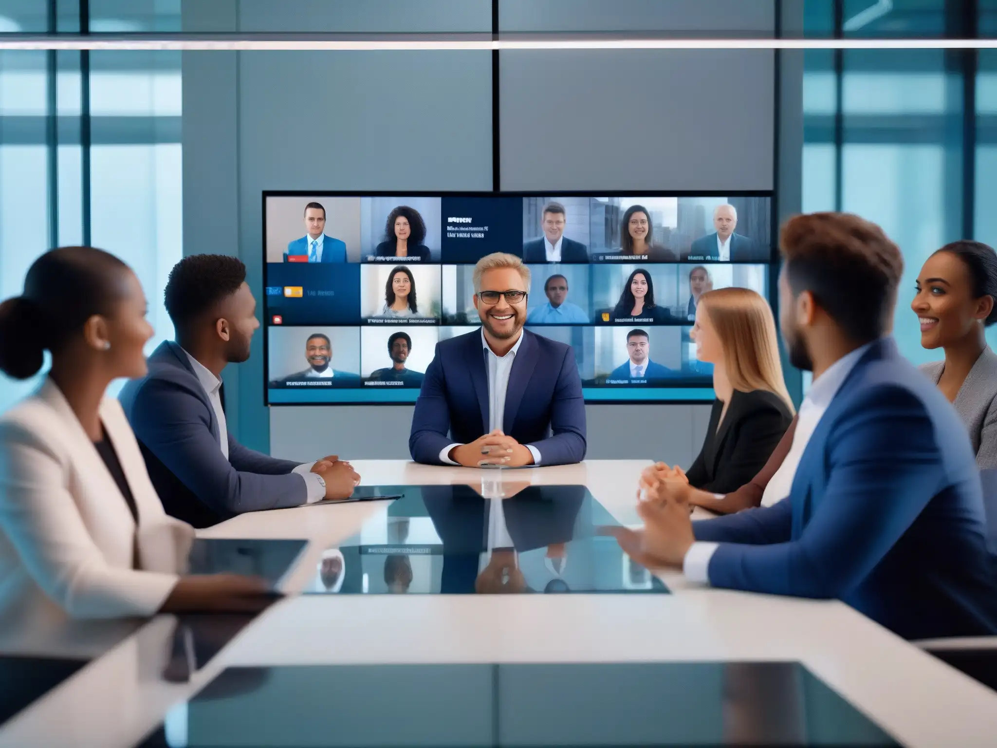 Conferencia virtual AI: colaboración futurista Profesionales entusiastas participan en videoconferencia con interfaz futurista de IA, transformación videoconferencias IA