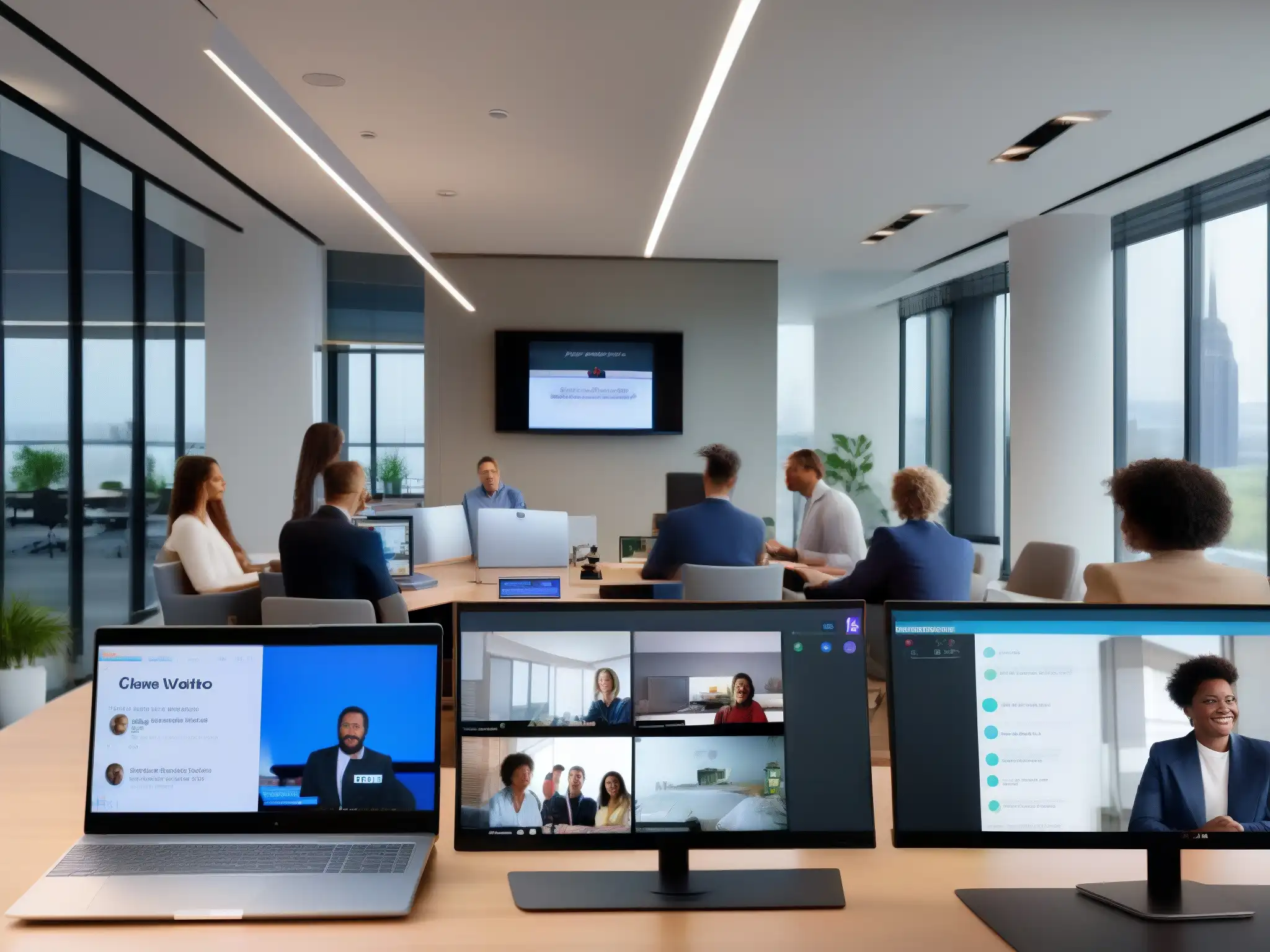 Reunión virtual en la oficina: Teams vs Profesionales colaboran entusiastas en videoconferencia en múltiples dispositivos, Teams y Zoom, en una oficina moderna y luminosa