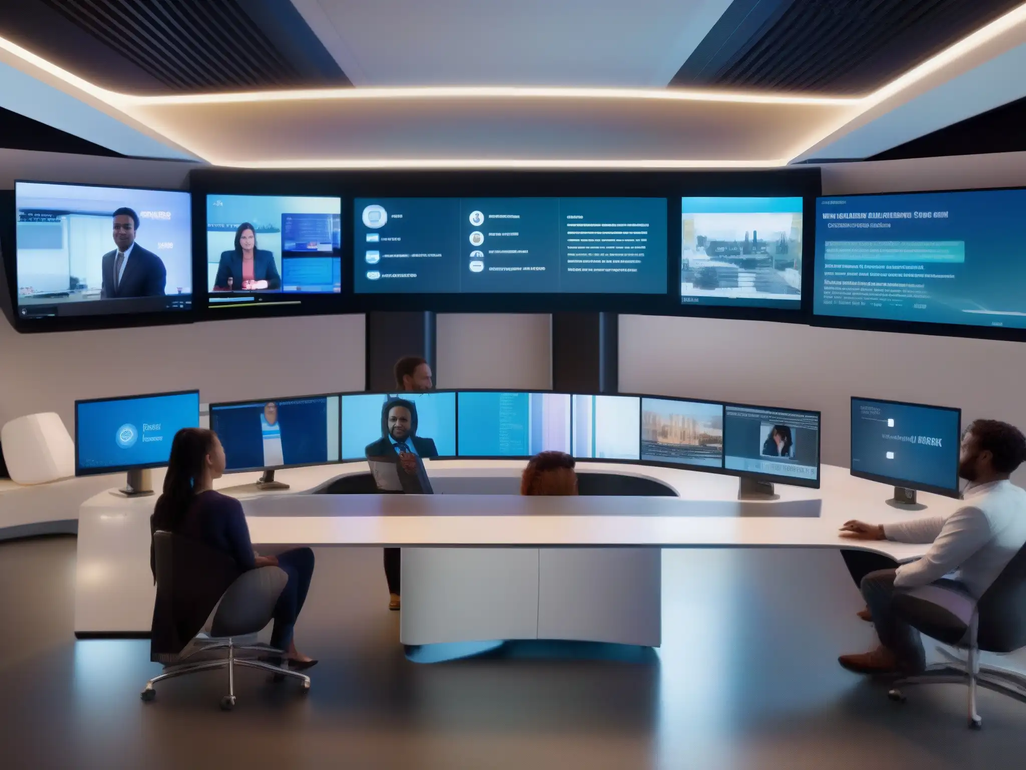 Innovación colaborativa con IA en el espacio de trabajo futurista Profesionales diversos colaboran en un espacio futurista con pantallas de videoconferencia AI