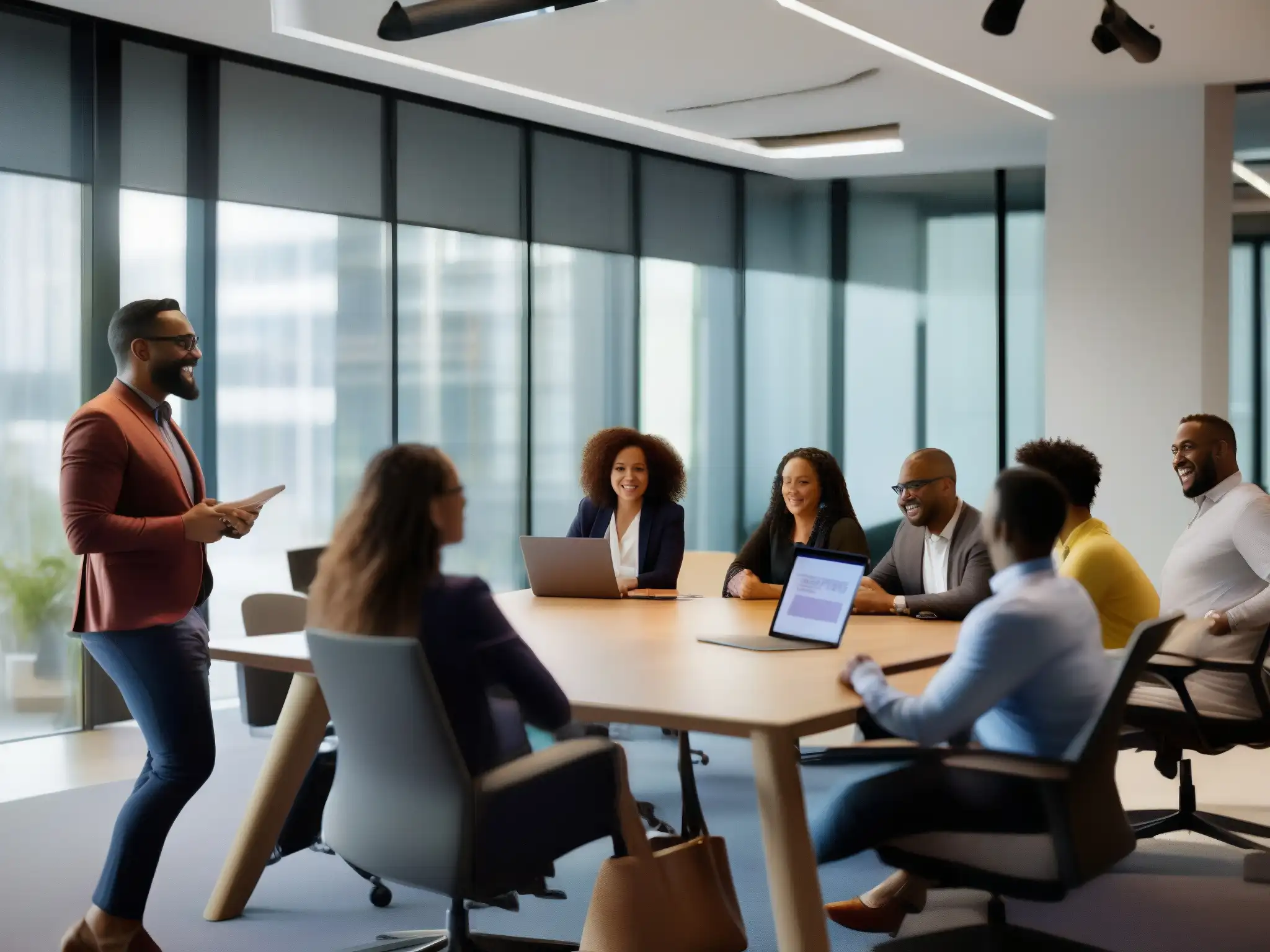 Profesionales colaborando en Microsoft Teams Profesionales colaboran en un espacio moderno y luminoso, usando Microsoft Teams para una transformación digital multinacional