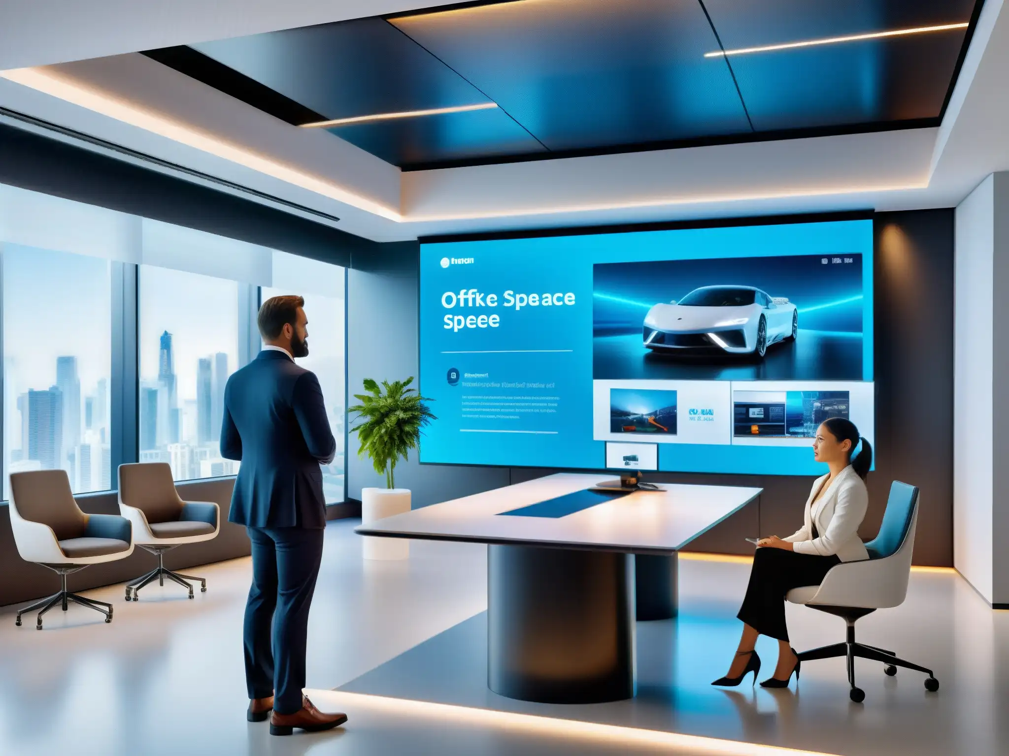 Oficina de Realidad Aumentada: Profesionales interactúan con modelo 3D Profesionales en un espacio de oficina moderno interactúan con un modelo en AR en una videoconferencia, creando una atmósfera futurista para startups