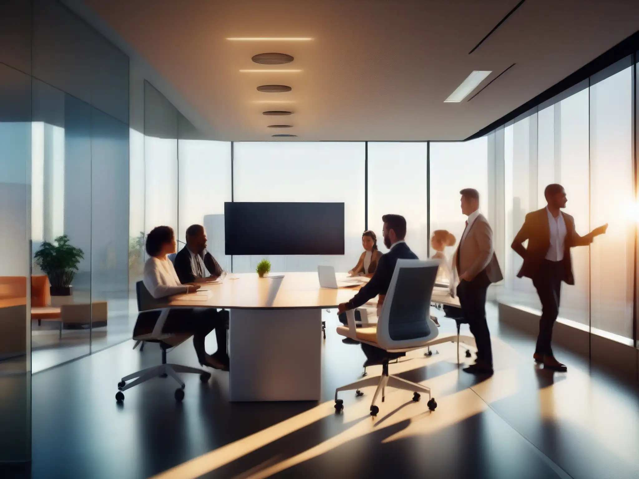 Oficina moderna con profesionales en una reunión colaborativa Profesionales colaborando en un espacio de oficina moderno con integración de Chime en Ambientes Corporativos